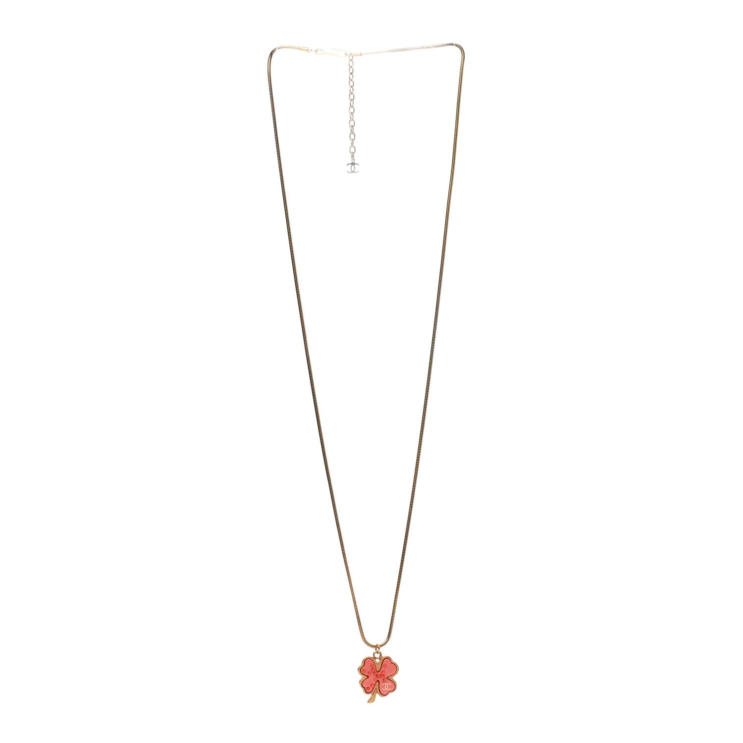 Chanel Four Leaf Clover Pendant Necklace Orange Gold 3 of 4