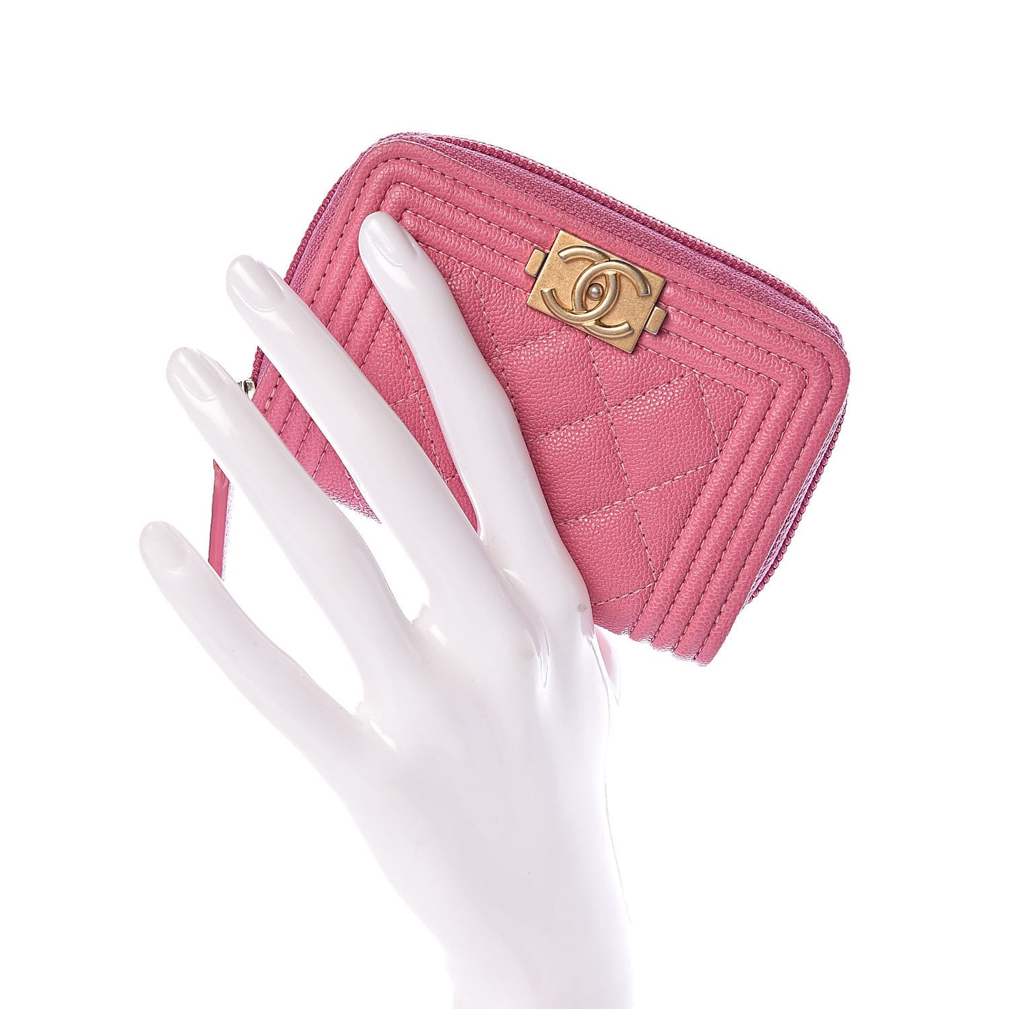 Caviar Quilted Boy Zip Around Coin Purse Wallet Dark Pink