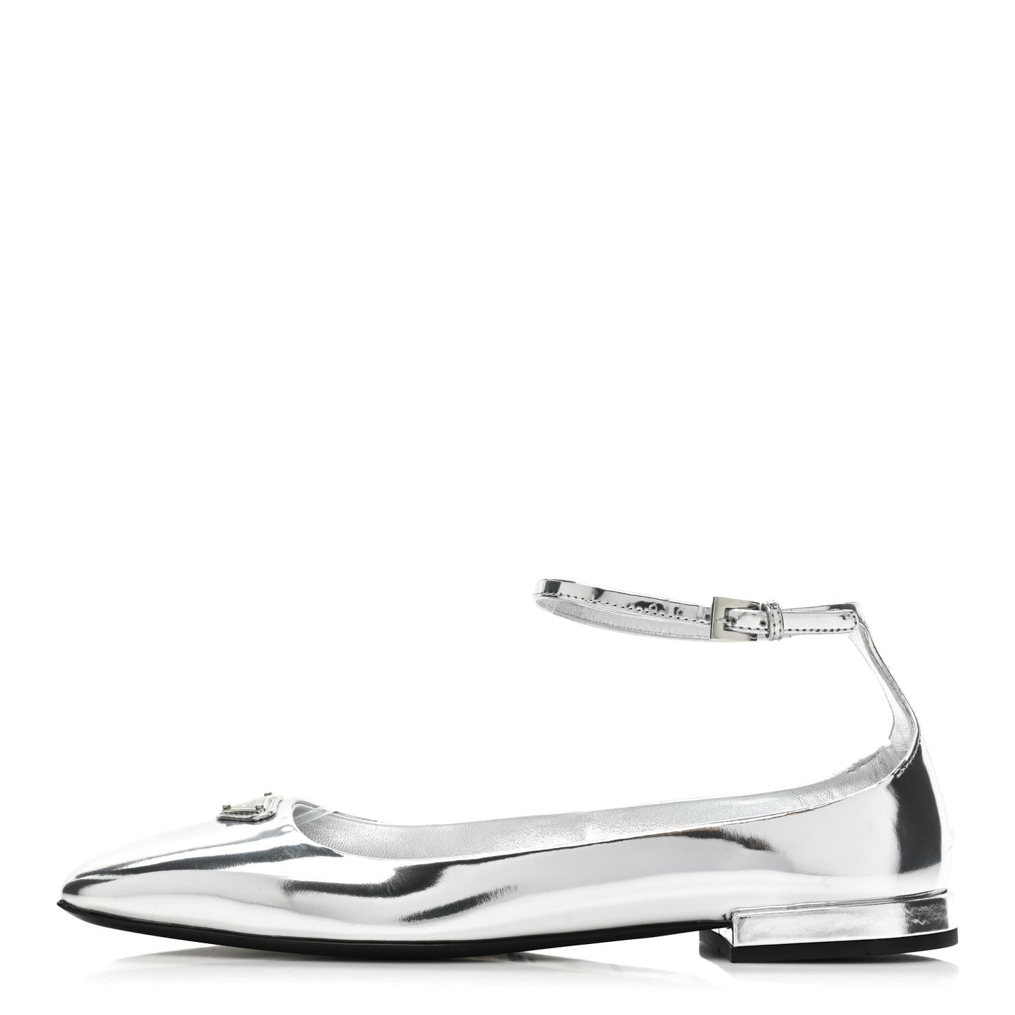 Metallic Calfskin Metal Triangle Logo Ankle Strap Ballerinas 36.5 Silver