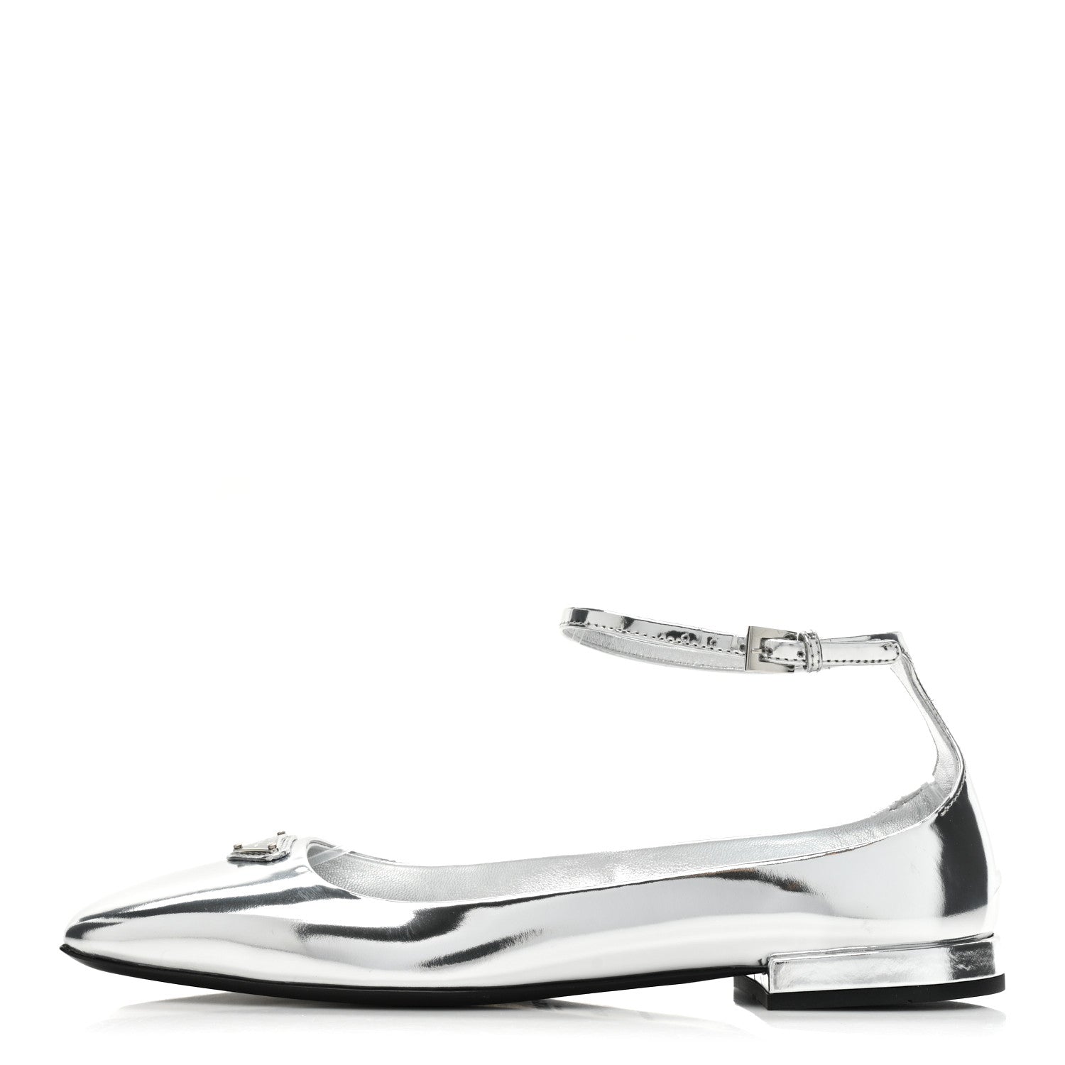 Prada Metallic Calfskin Metal Triangle Logo Ankle Strap Ballerinas 36.5 Silver 1 of 10