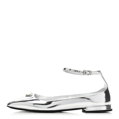 Prada Metallic Calfskin Metal Triangle Logo Ankle Strap Ballerinas 36.5 Silver 1 of 10