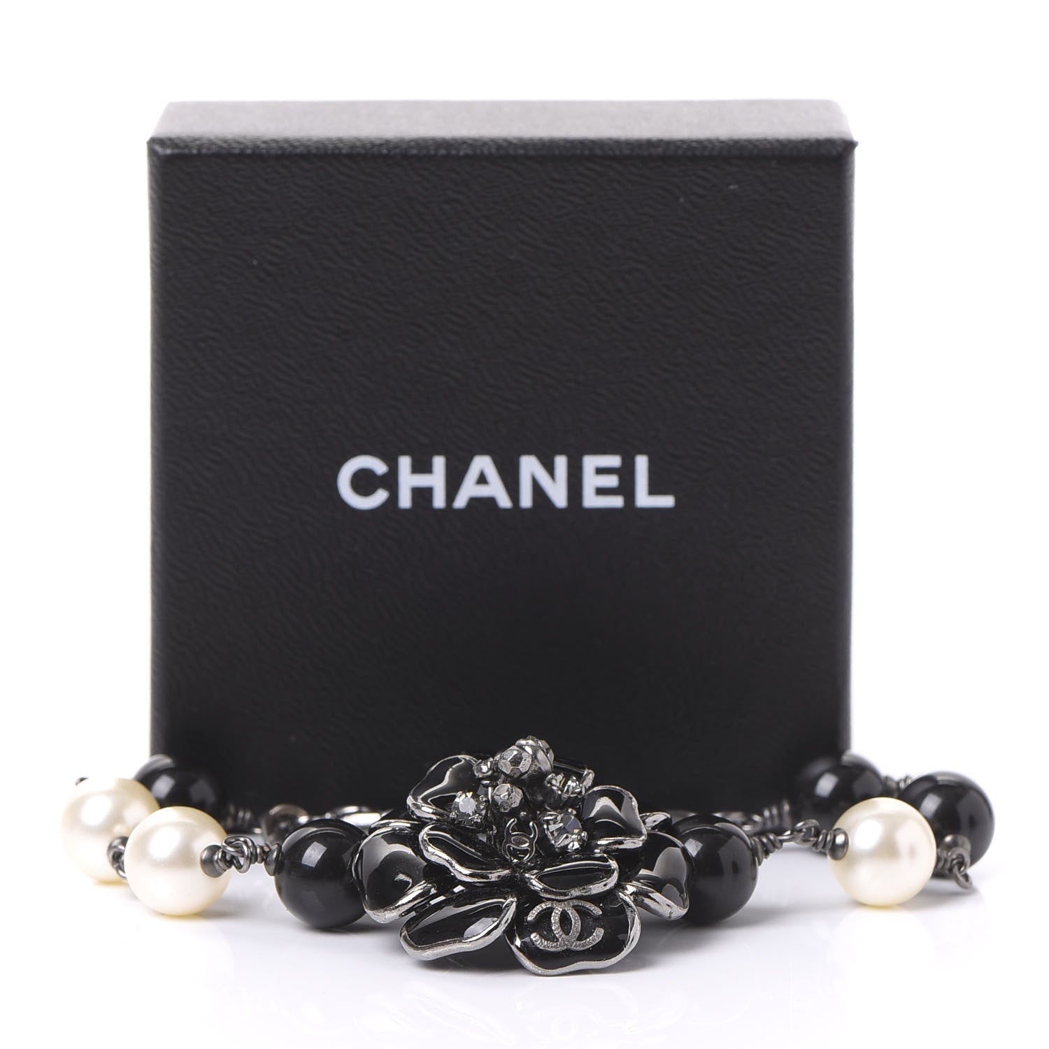 Chanel Enamel Camellia Crystal Pearl Beaded CC Bracelet Silver Black 6 of 6