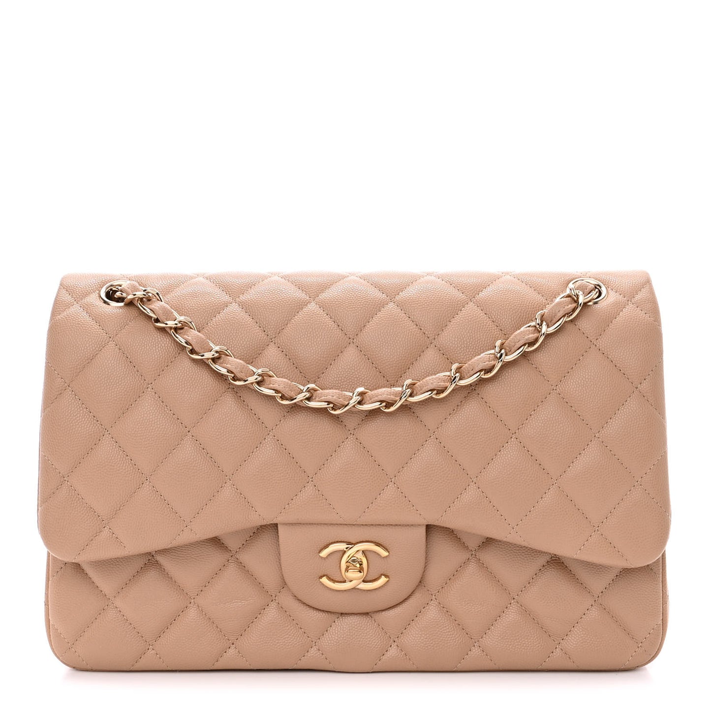 Caviar Quilted Jumbo Double Flap Beige