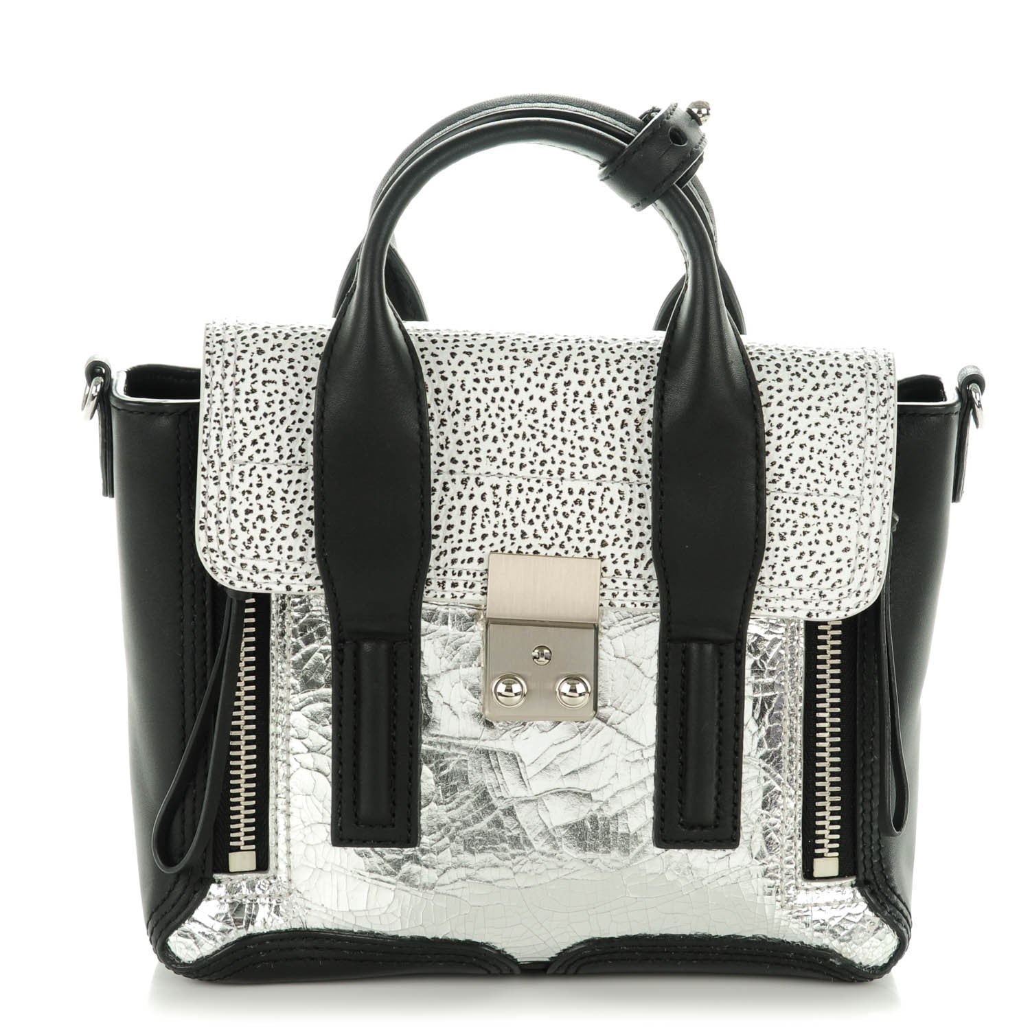 3.1 Phillip Lim 3.1 Metallic Mix Textured Calfskin Mini Pashli Satchel Silver Black White 1 of 7
