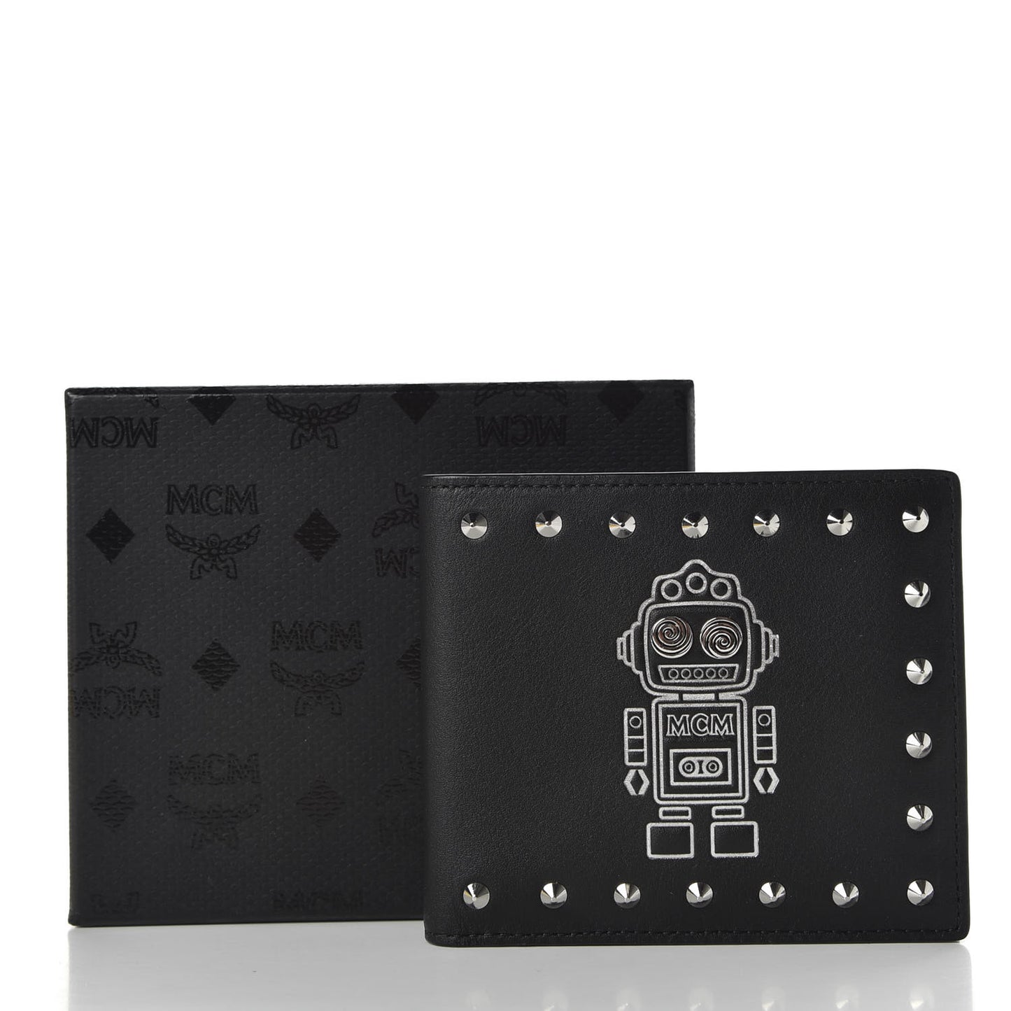 Calfskin Studded Robot Bi-Fold Wallet Black