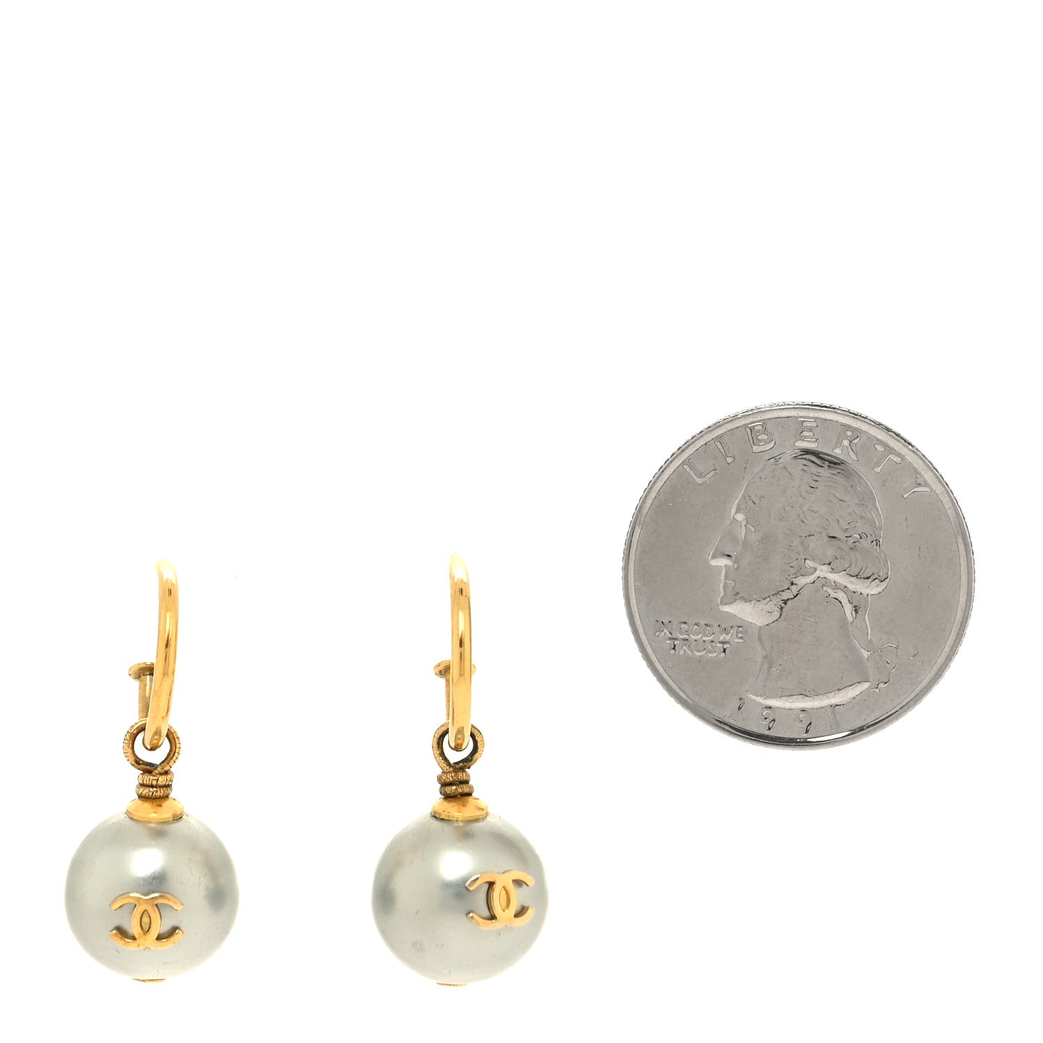 Chanel Pearl CC Drop Earrings Gold Grey 2 of 3