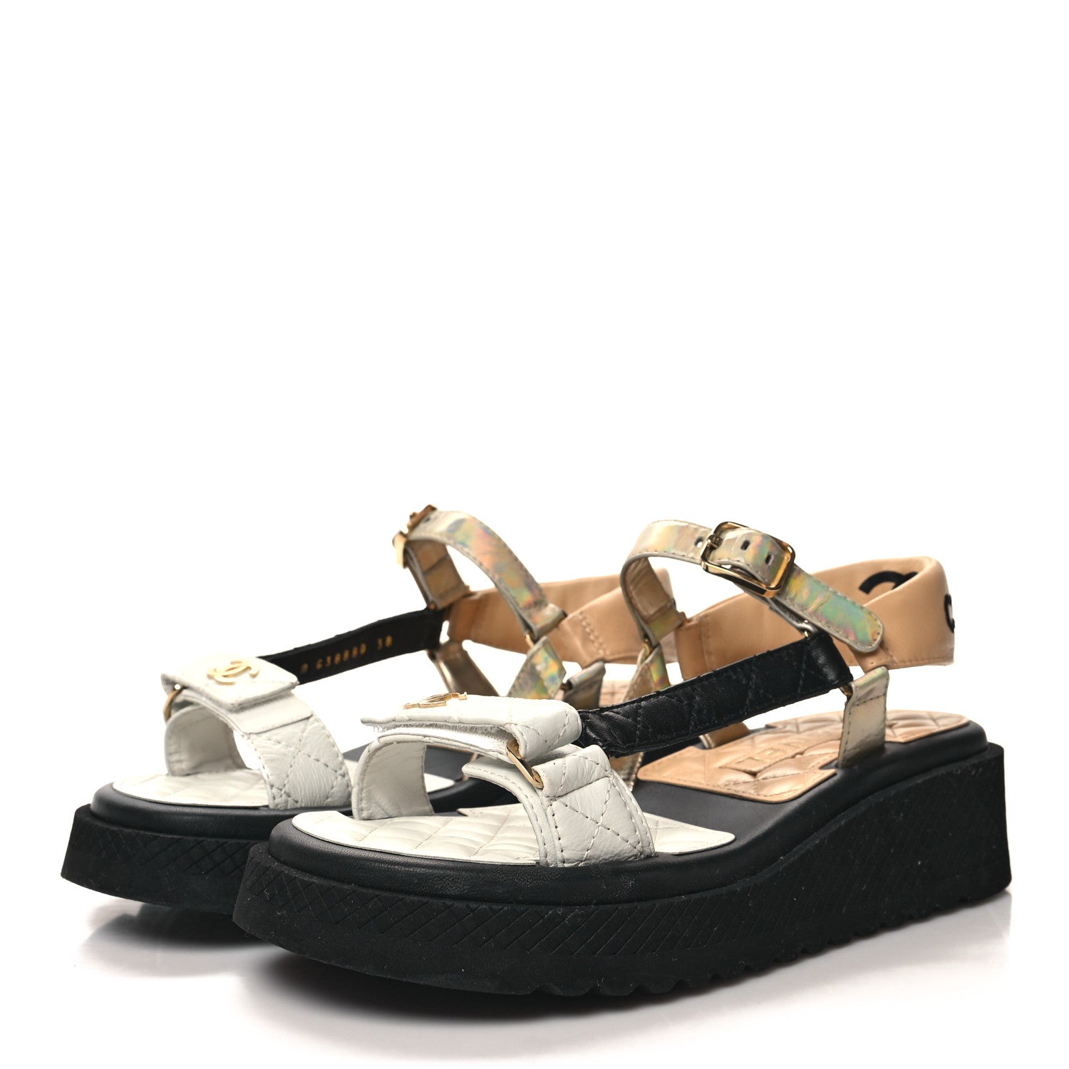 Chanel Lambskin Logo Platform Sandals 38 Beige Gold White 3 of 10