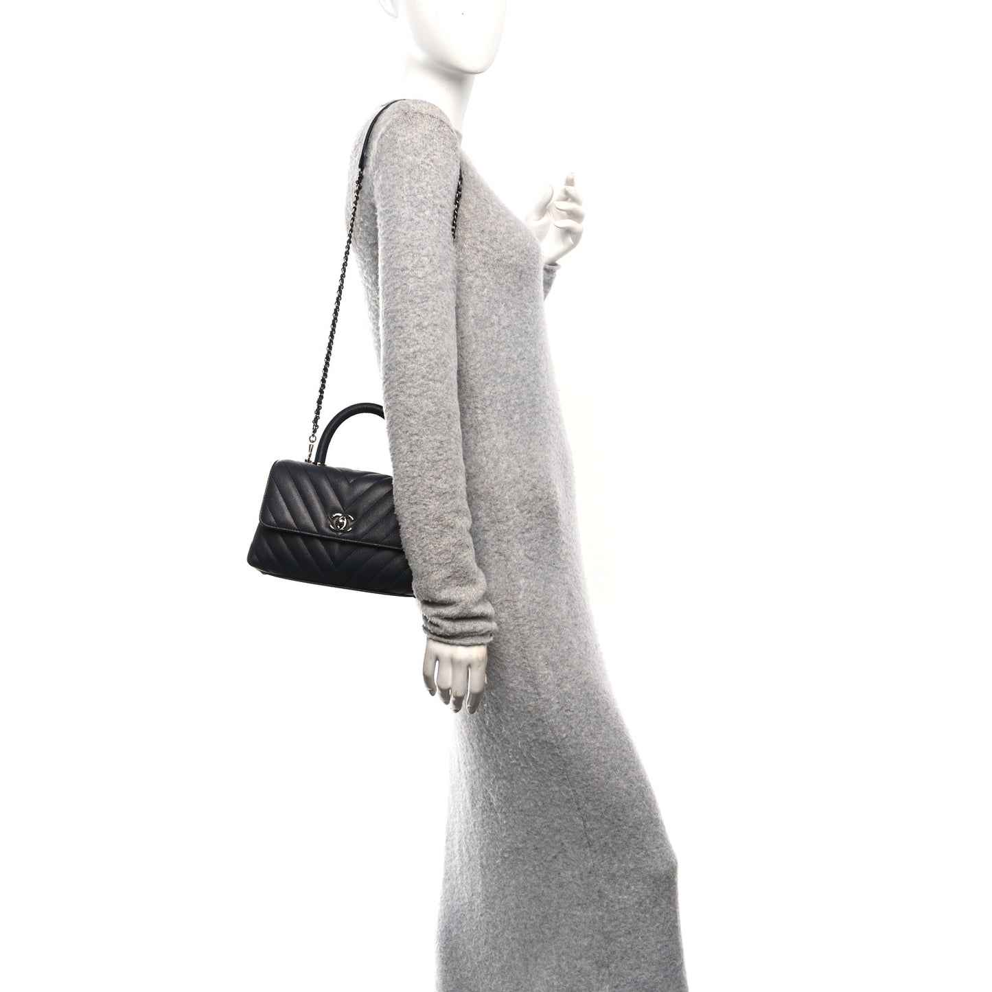 Caviar Chevron Quilted Mini Coco Handle Flap Dark Grey