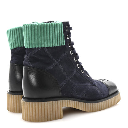 Chanel Suede Calfskin Velvet Quilted CC Combat Boots 38.5 Navy Green Black 5 of 10