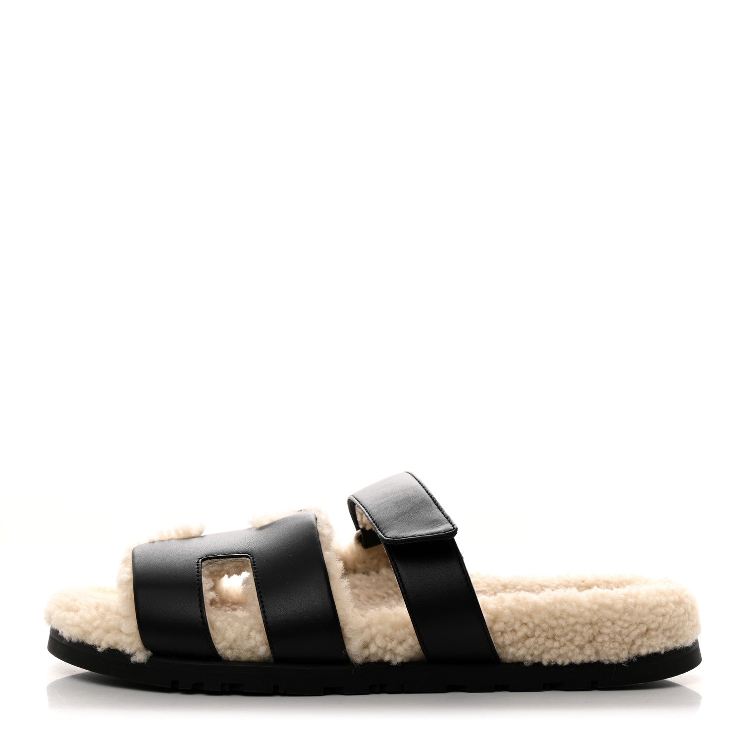 Hermes Calfskin Woolskin Mens Chypre Sandals 42 Black Ecru 1 of 9