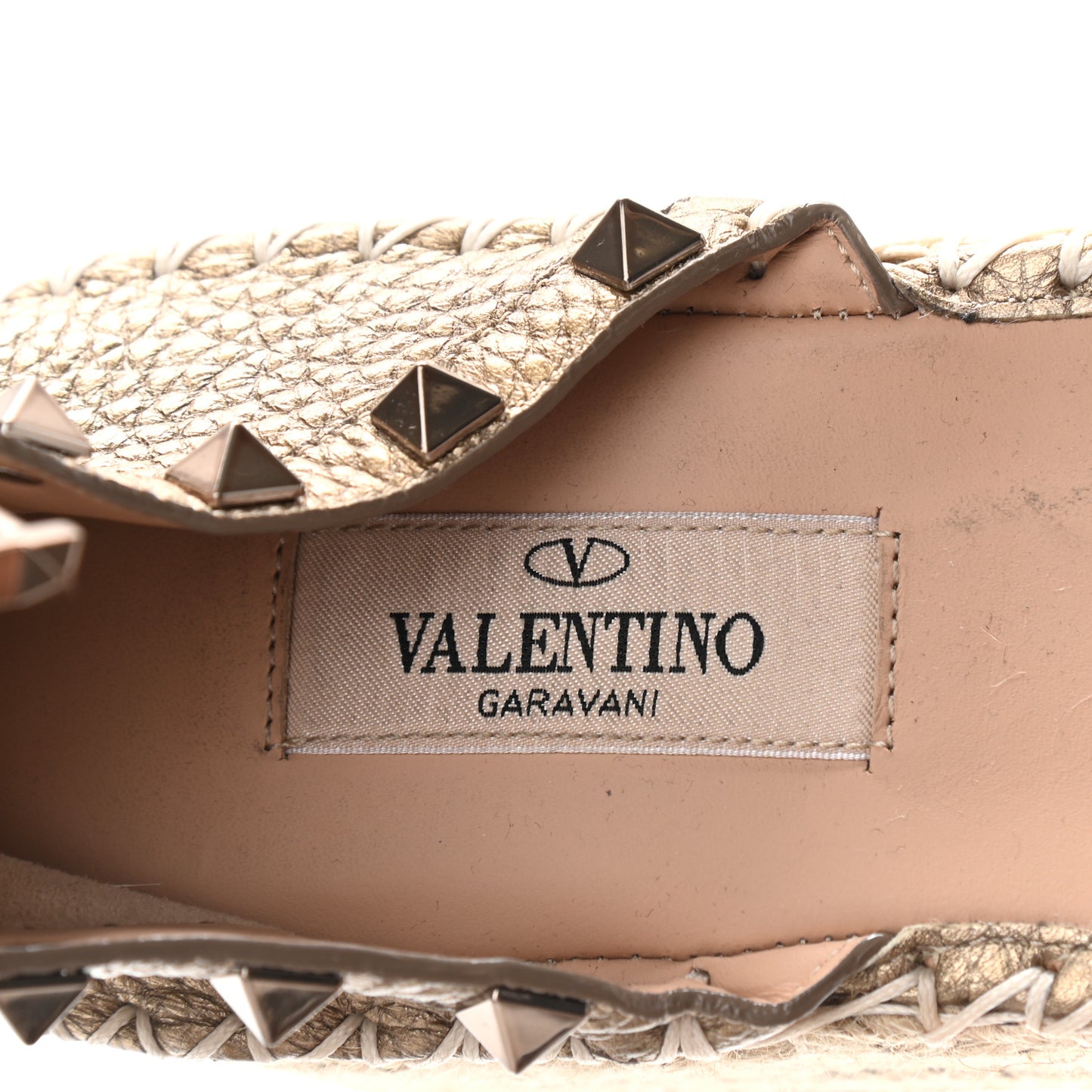 Metallic Grained Calfskin Rockstud Ankle Wrap Espadrille Flatform Sandals 41 Skin Natural