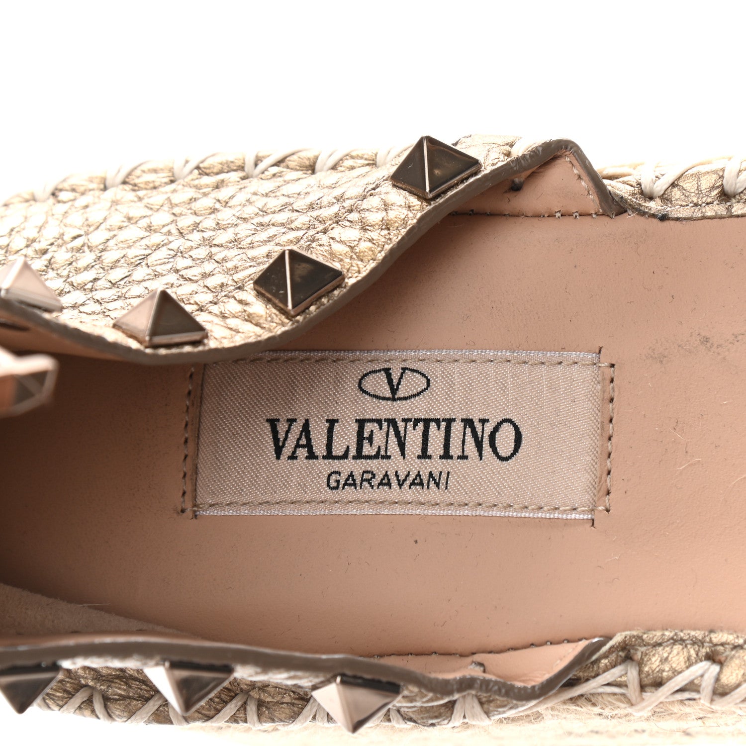 Valentino Garavani Metallic Grained Calfskin Rockstud Ankle Wrap Espadrille Flatform Sandals 41 Skin Natural 7 of 9