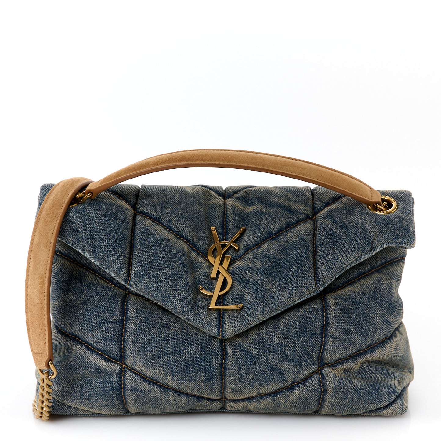 Denim Quilted Small Loulou Puffer Monogram Chain Satchel Blue Cinnamon