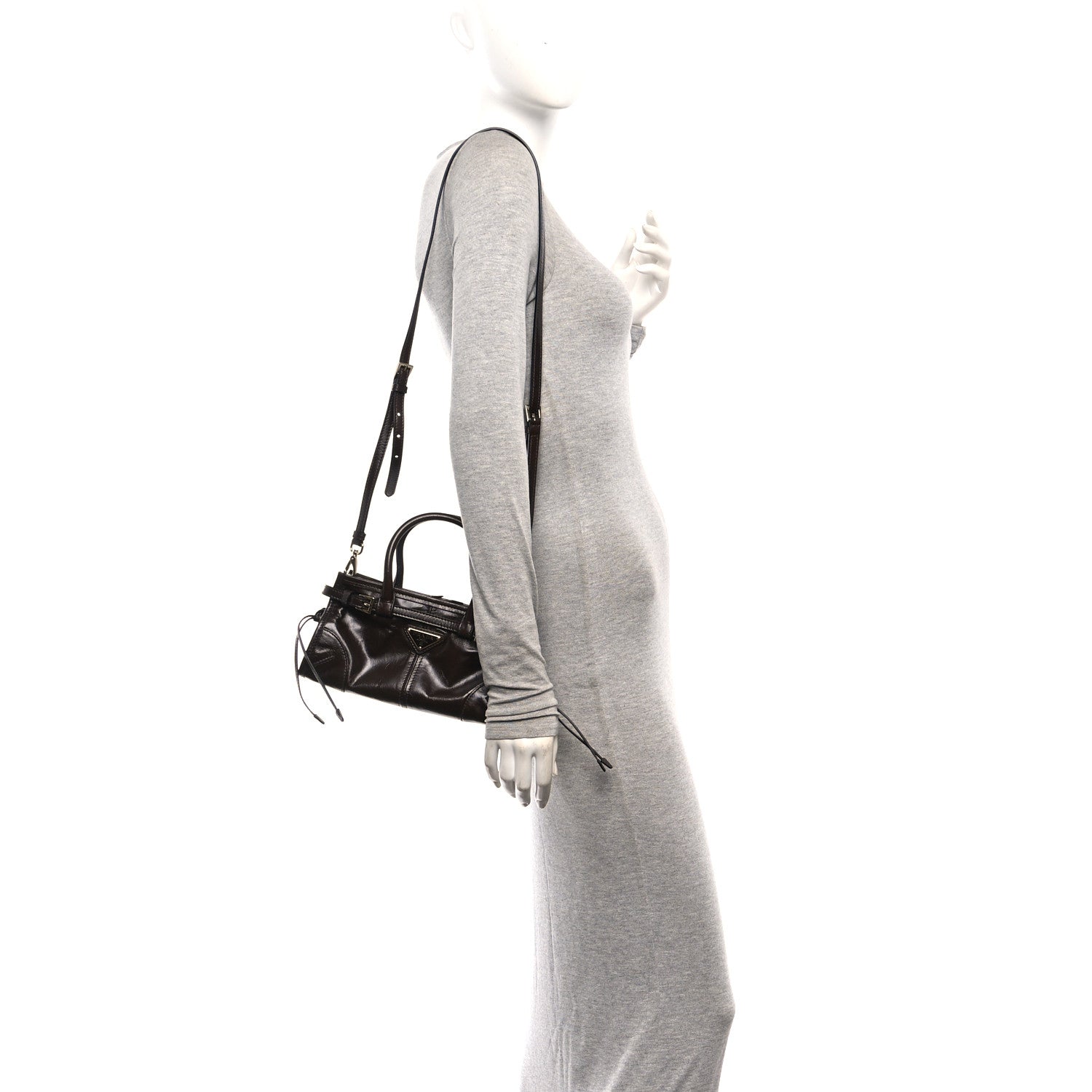 Prada Glossy Calfskin Triangle Mini Bonnie Shoulder Bag Moro 2 of 10