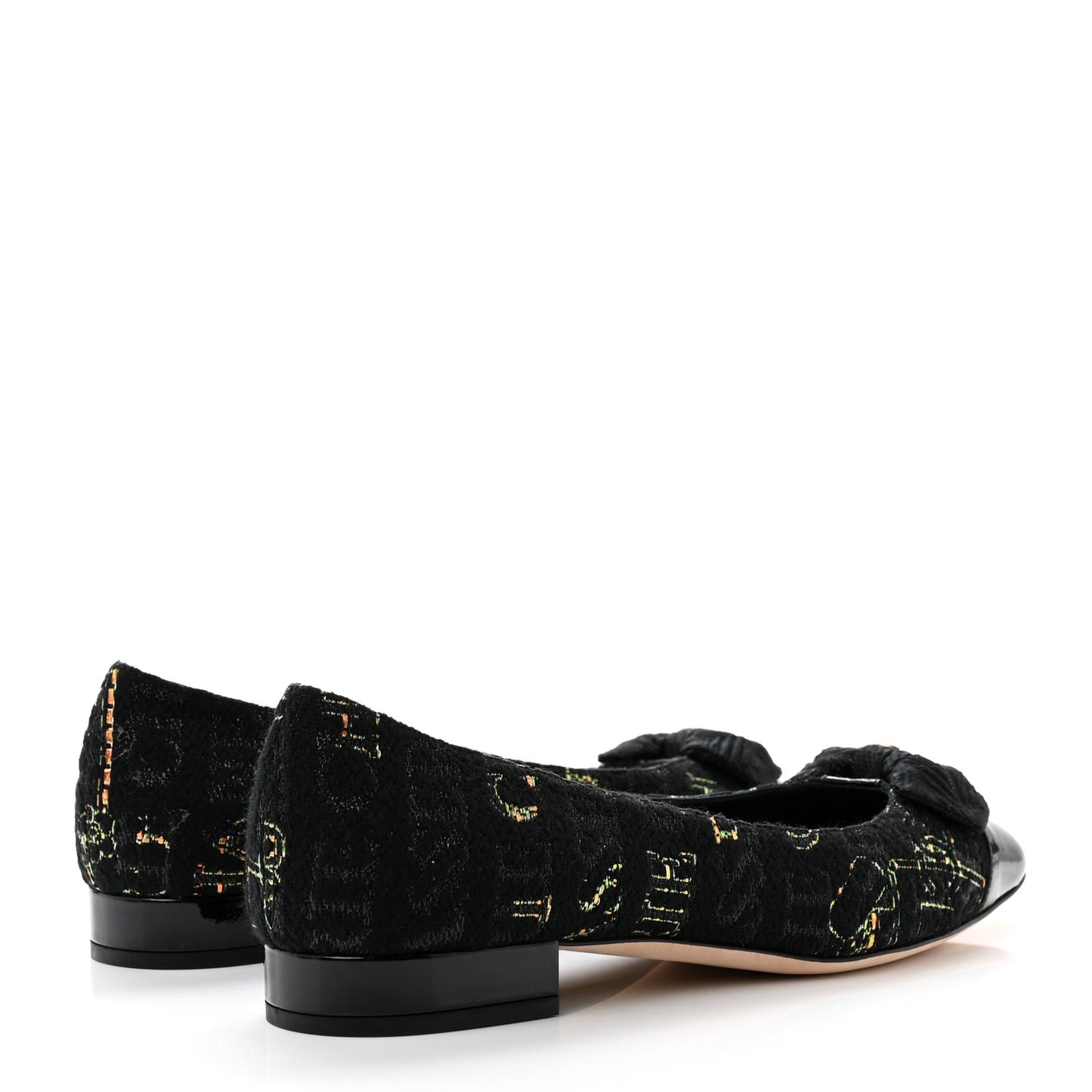 Tweed Patent Cap Toe Ballerina Flats 38.5 Black Orange Green