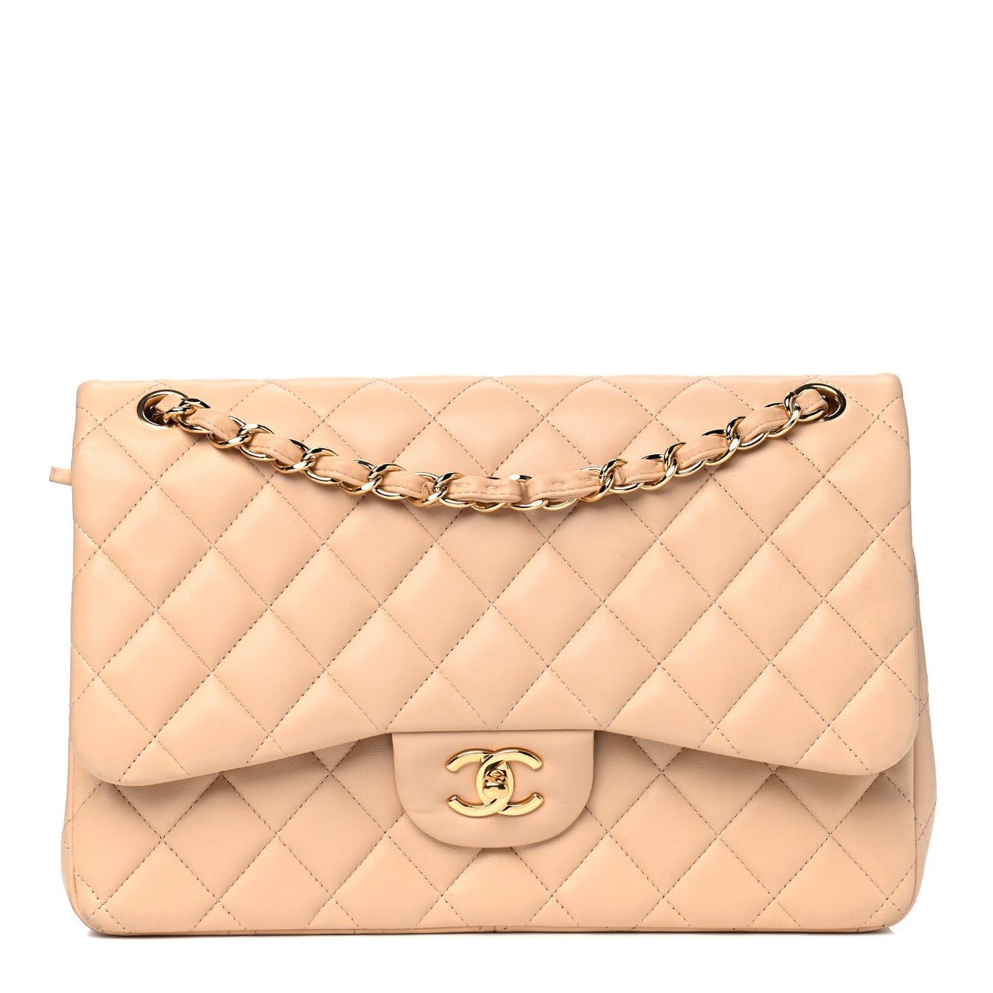 Lambskin Quilted Jumbo Double Flap Beige