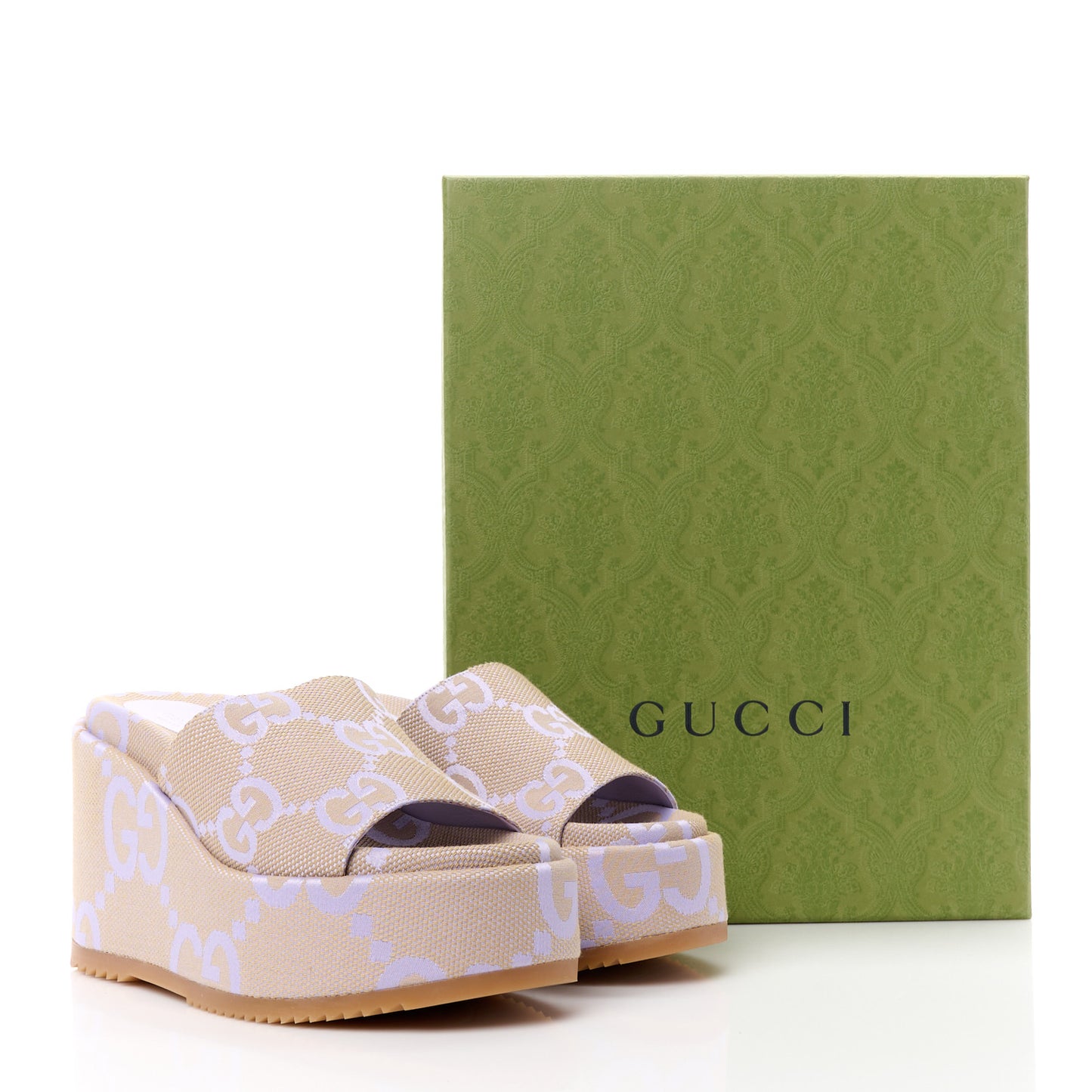 Monogram Jumbo GG Platform Slide Wedge Sandals 39.5 Beige Lapis