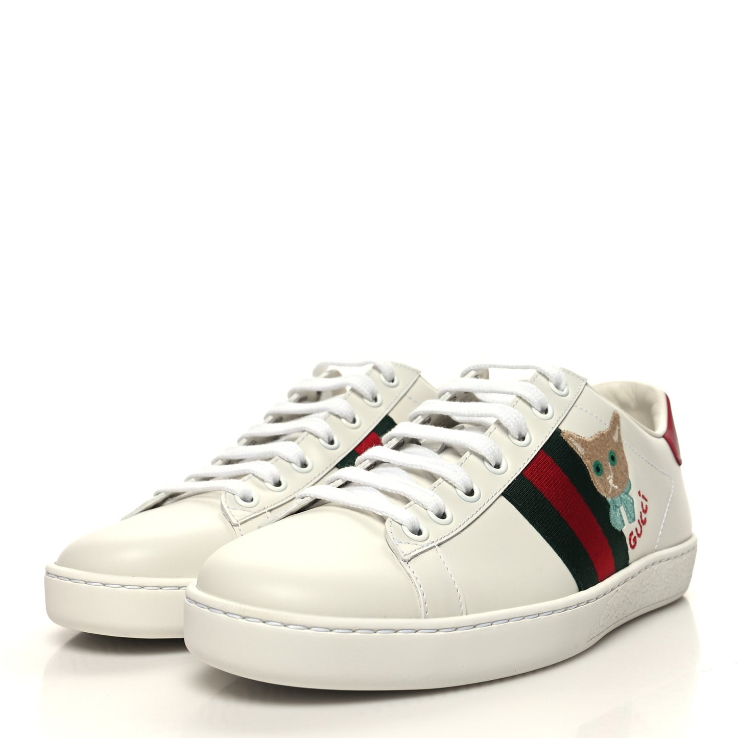 Calfskin Cat Embroidered Womens Ace Sneakers 38 White Green