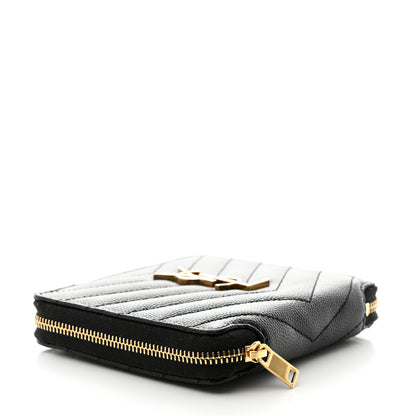 Saint Laurent Grain De Poudre Matelasse Chevron Monogram Compact Zip Around Wallet Black 4 of 6