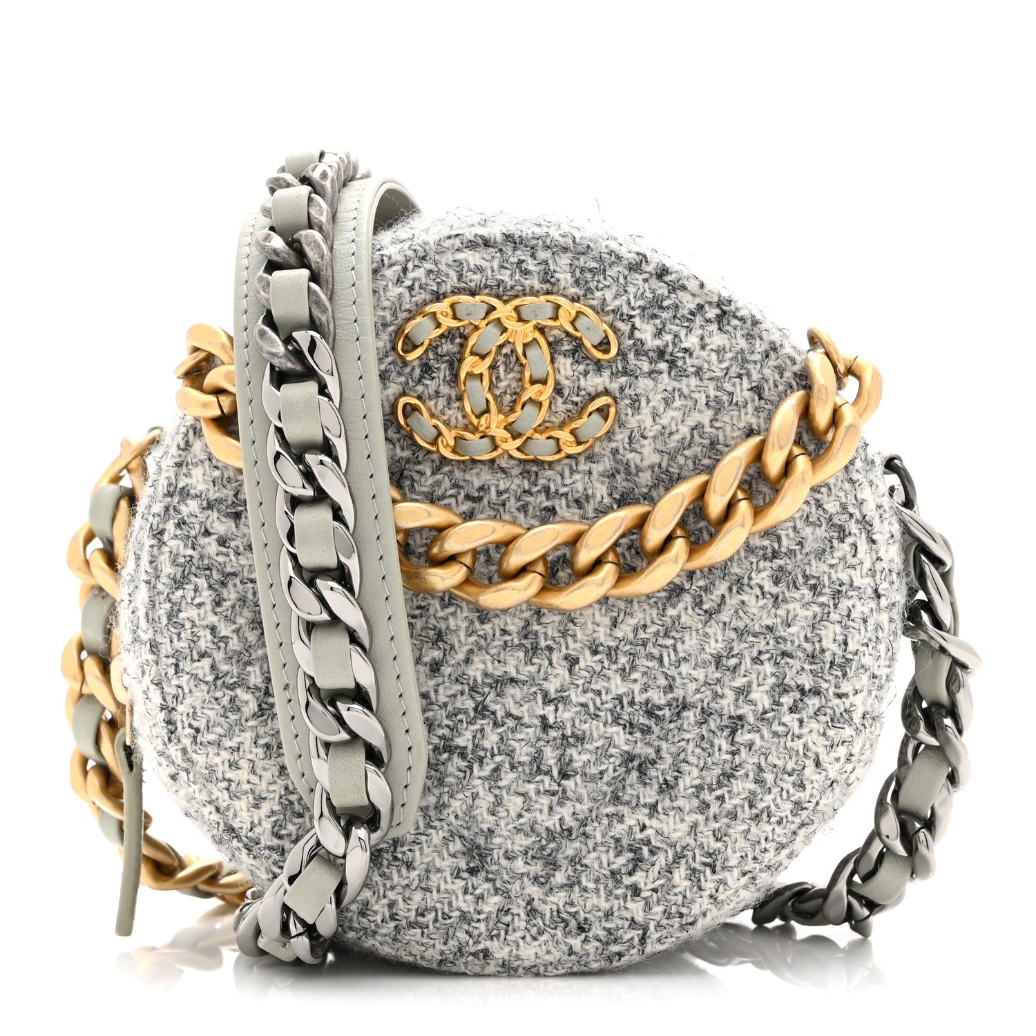 Chanel Wool Tweed Lambskin Quilted Chanel 19 Round Clutch With Chain Grey Ecru 1 of 10
