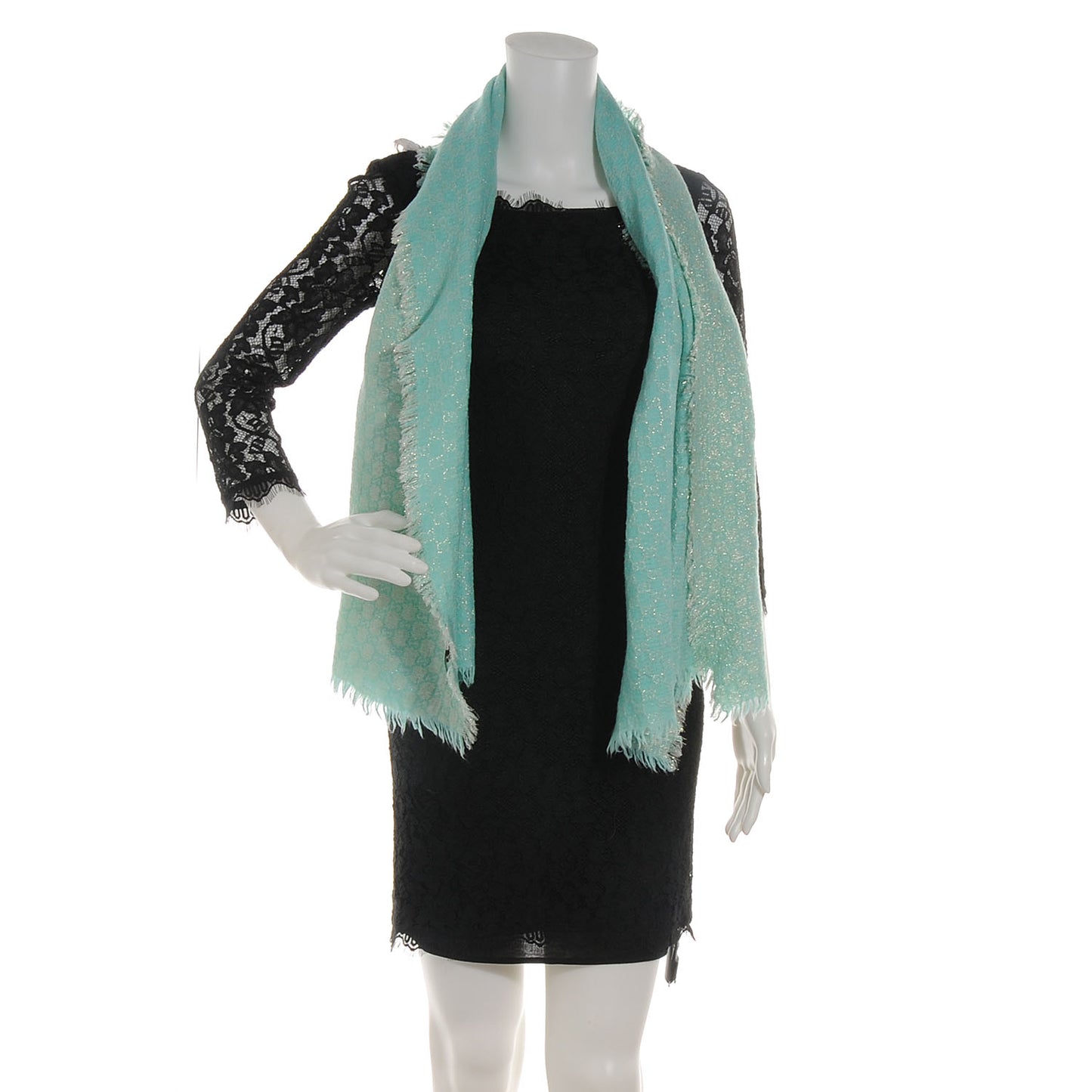 Wool Silk Jacquard Monogram Fringe Scarf Aqua Gold