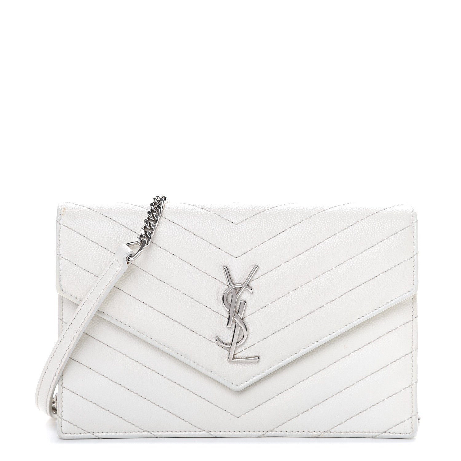 Saint Laurent Grain De Poudre Matelasse Chevron Monogram Envelope Chain Wallet Optical White 1 of 12