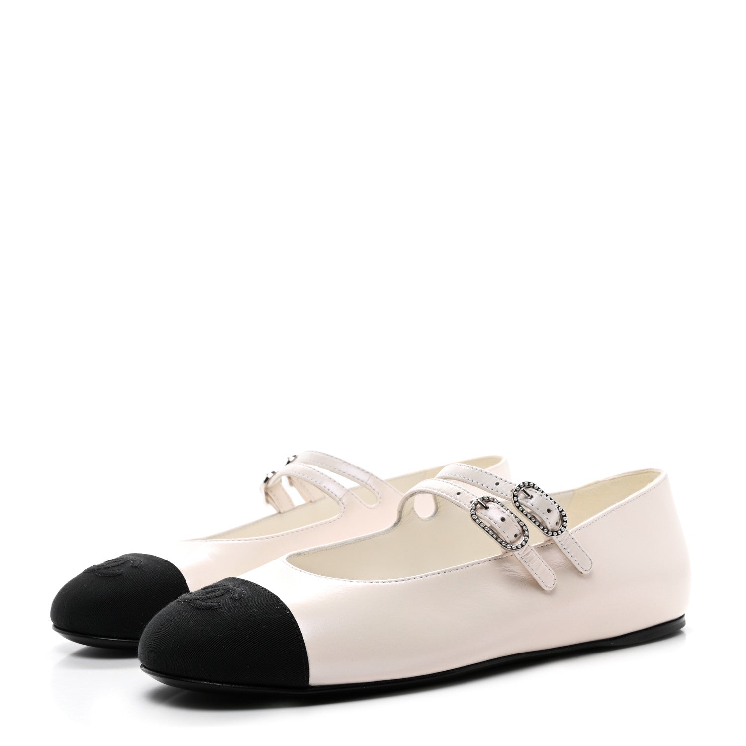 Chanel Lambskin Grosgrain Pearl Mary Jane Flats 37 White Black 3 of 9