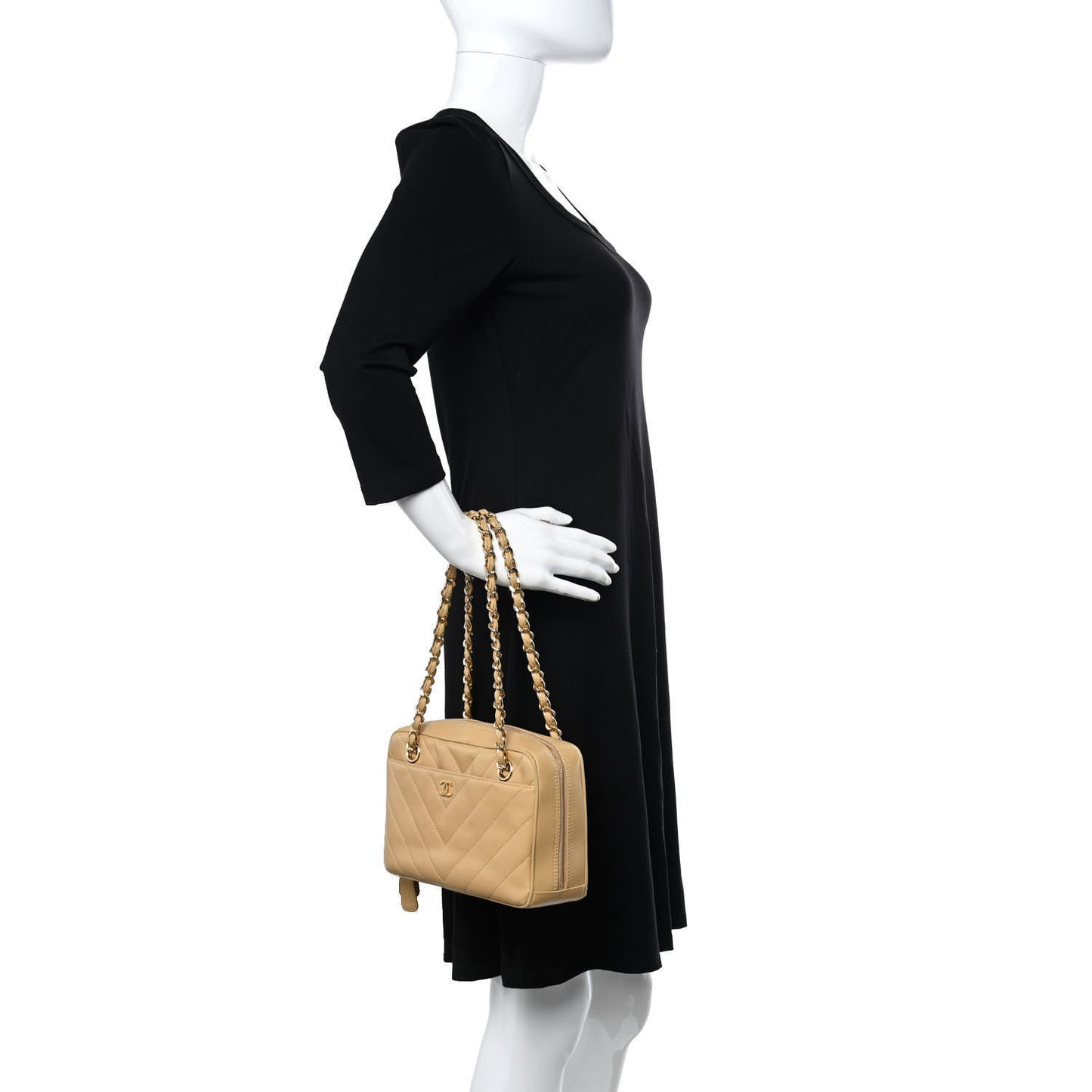 Lambskin Chevron Quilted Camera Case Beige