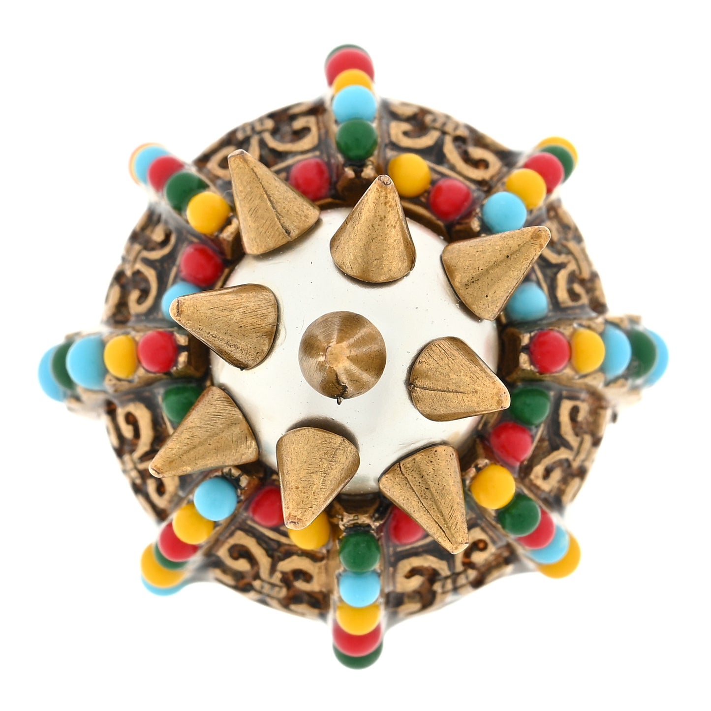 Pearl Beaded Spiked Ring 55 7.25 Aged Gold Multicolor