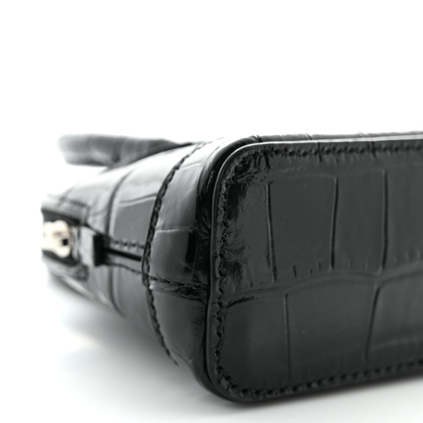 Shiny Calfskin Logo Crocodile Embossed Mini Ville Top Handle Bag Black