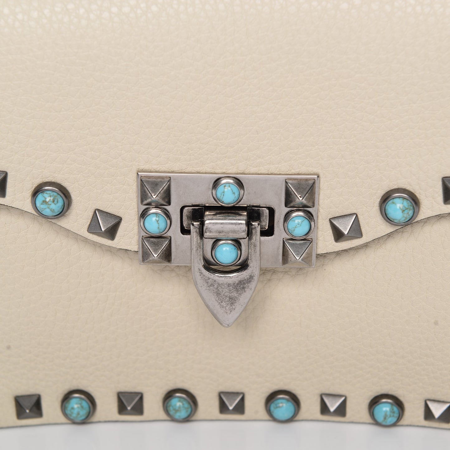 Grained Calfskin Small Guitar Strap Rockstud Rolling Shoulder Flap Bag Light Ivory