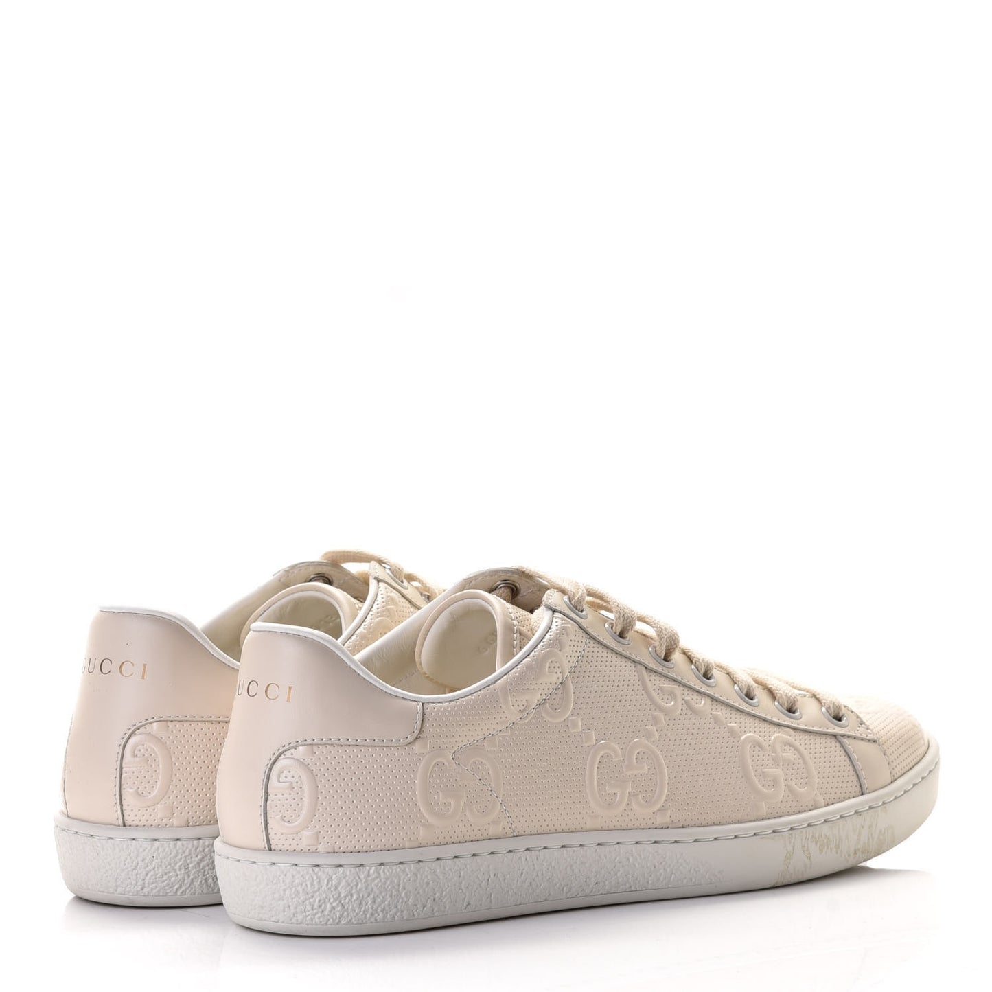 Calfskin GG Tennis Embossed Womens Ace Sneakers 37.5 Mystic White