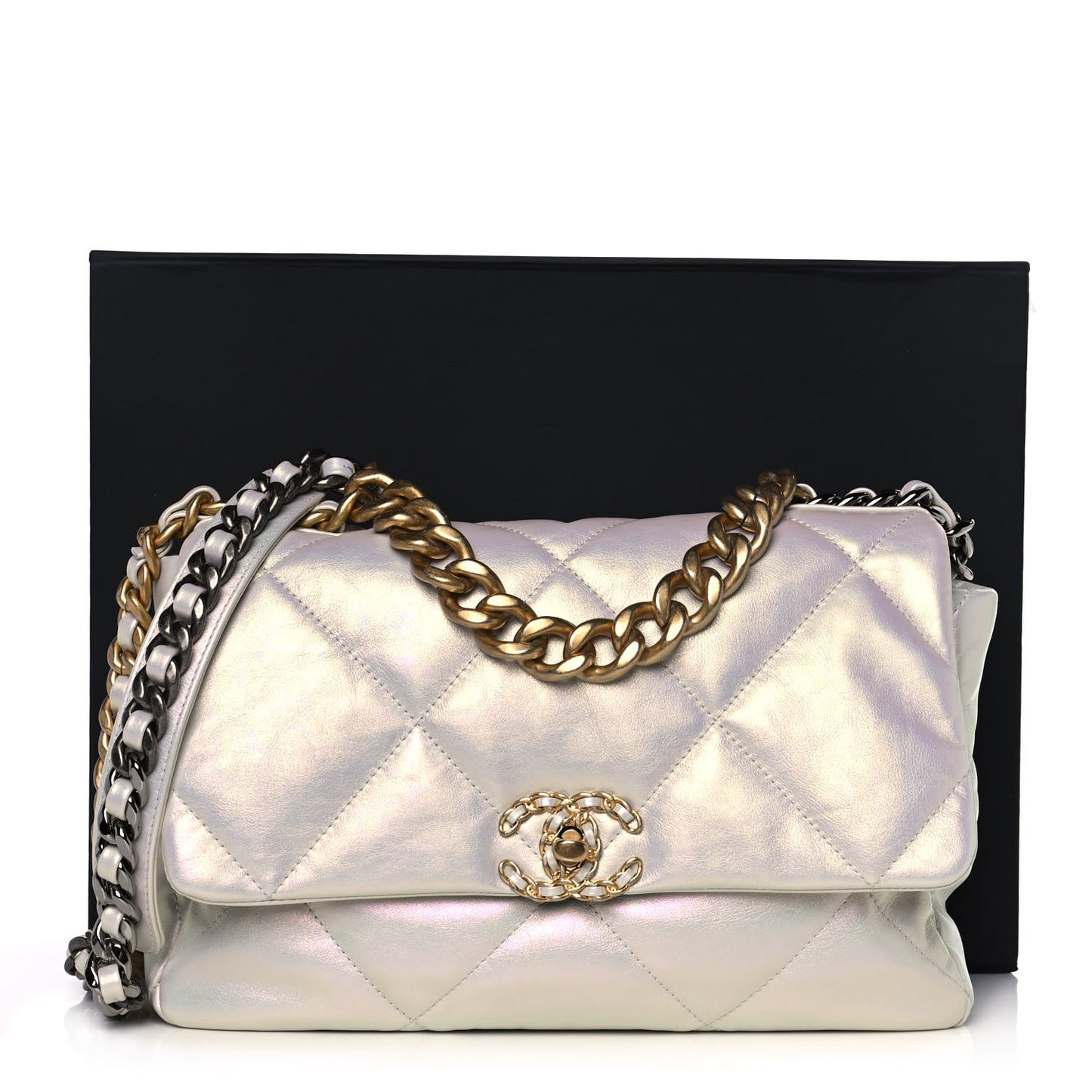 Iridescent Calfskin Quilted Large Chanel 19 Flap White
