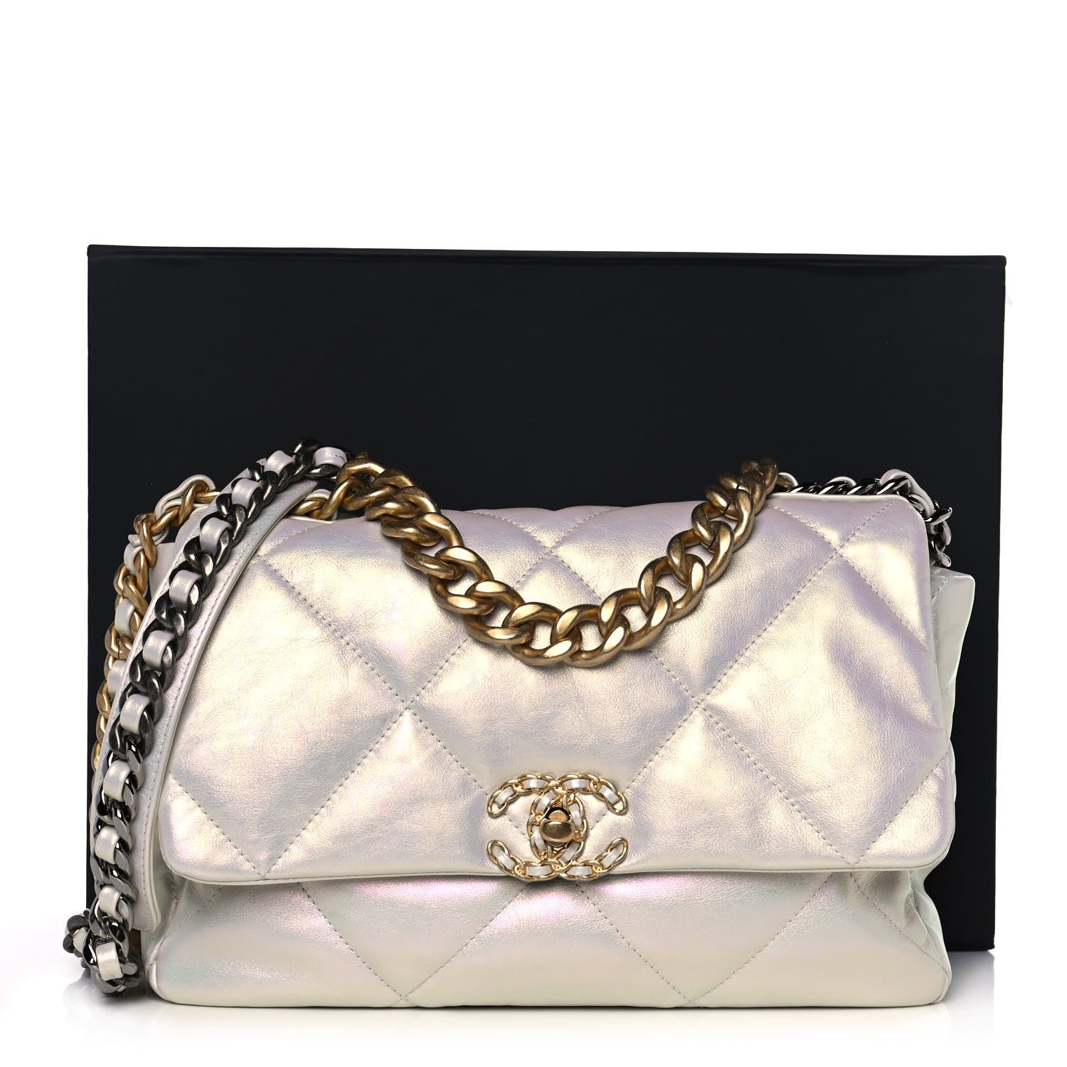 Chanel Iridescent Calfskin Quilted Large Chanel 19 Flap White 12 of 12