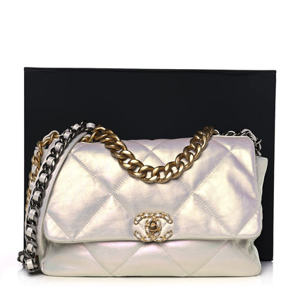 Chanel Iridescent Calfskin Quilted Large Chanel 19 Flap White 12 of 12