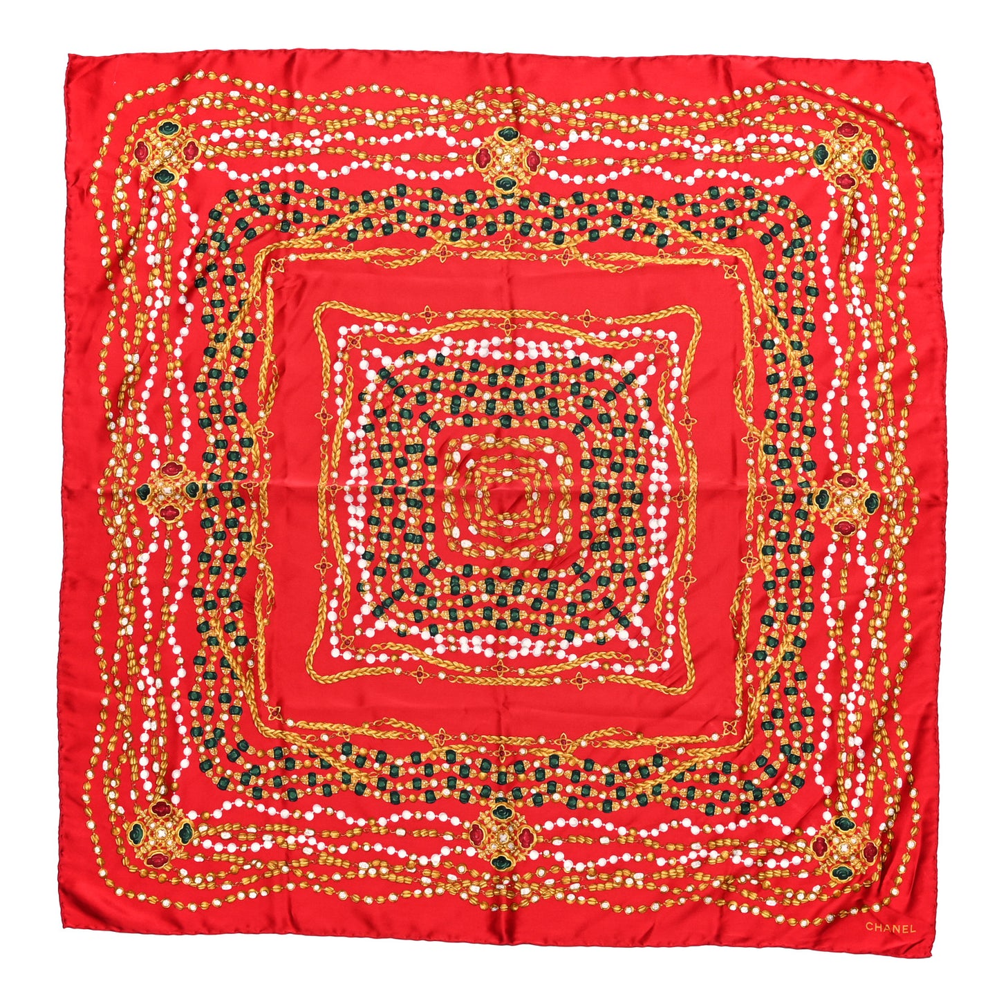 Silk Pearl Jewel Chain Print Scarf Red