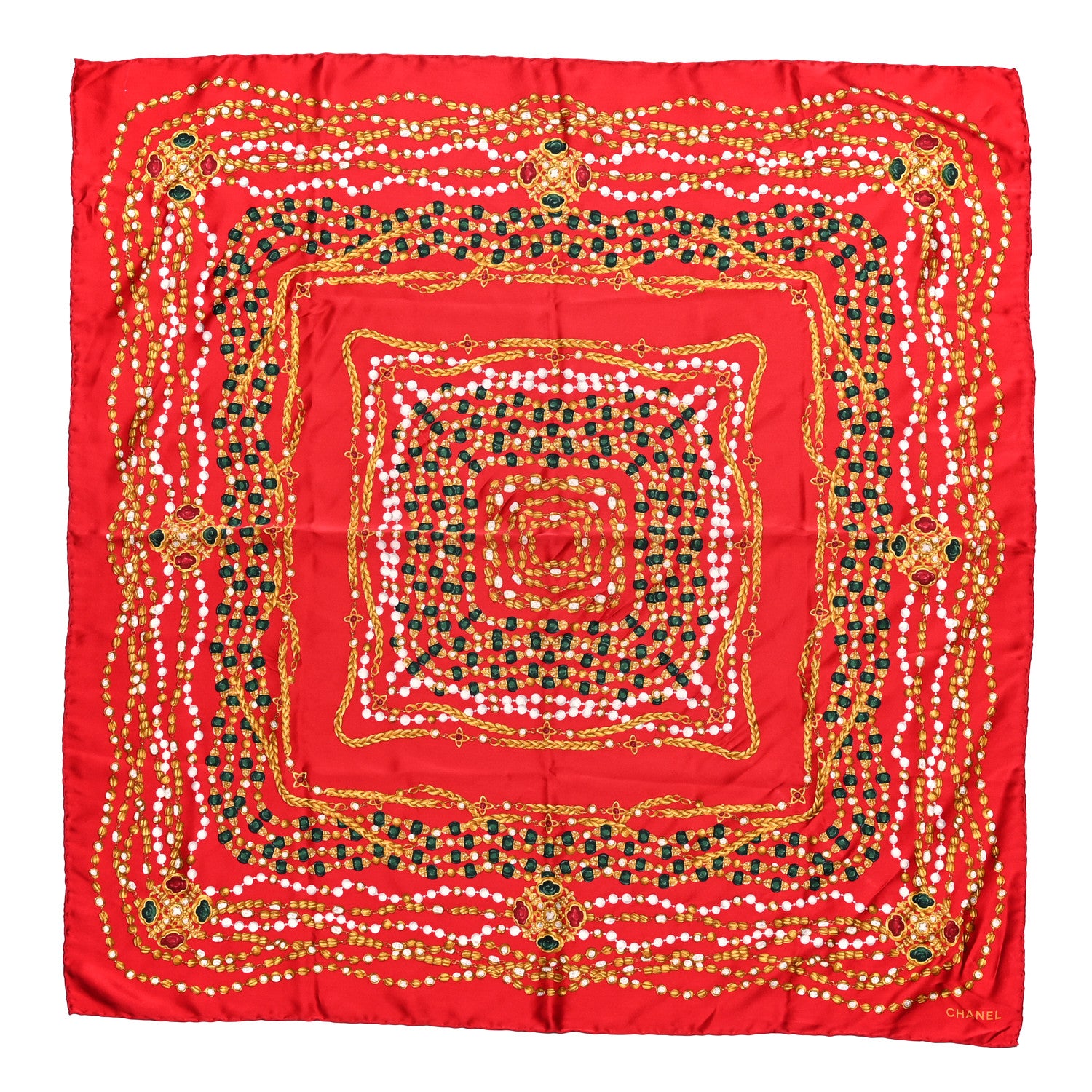 Chanel Silk Pearl Jewel Chain Print Scarf Red 1 of 4