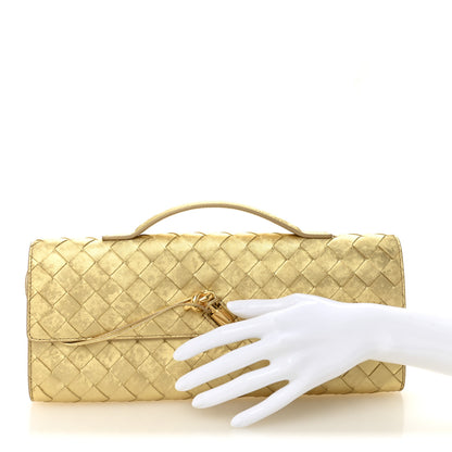 Bottega Veneta Metallic Satin Lambskin Intrecciato Long Andiamo Top Handle Clutch Gold 2 of 7