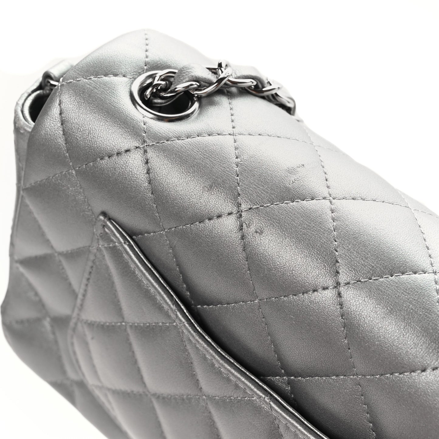 Metallic Lambskin Quilted Mini Rectangular Flap Silver