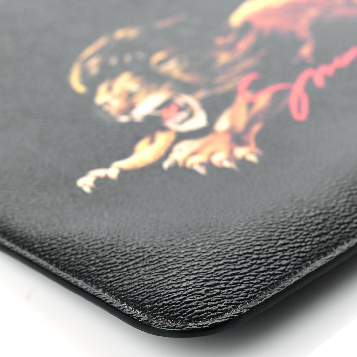 Textured Coated Canvas Lion Print Pouch Black