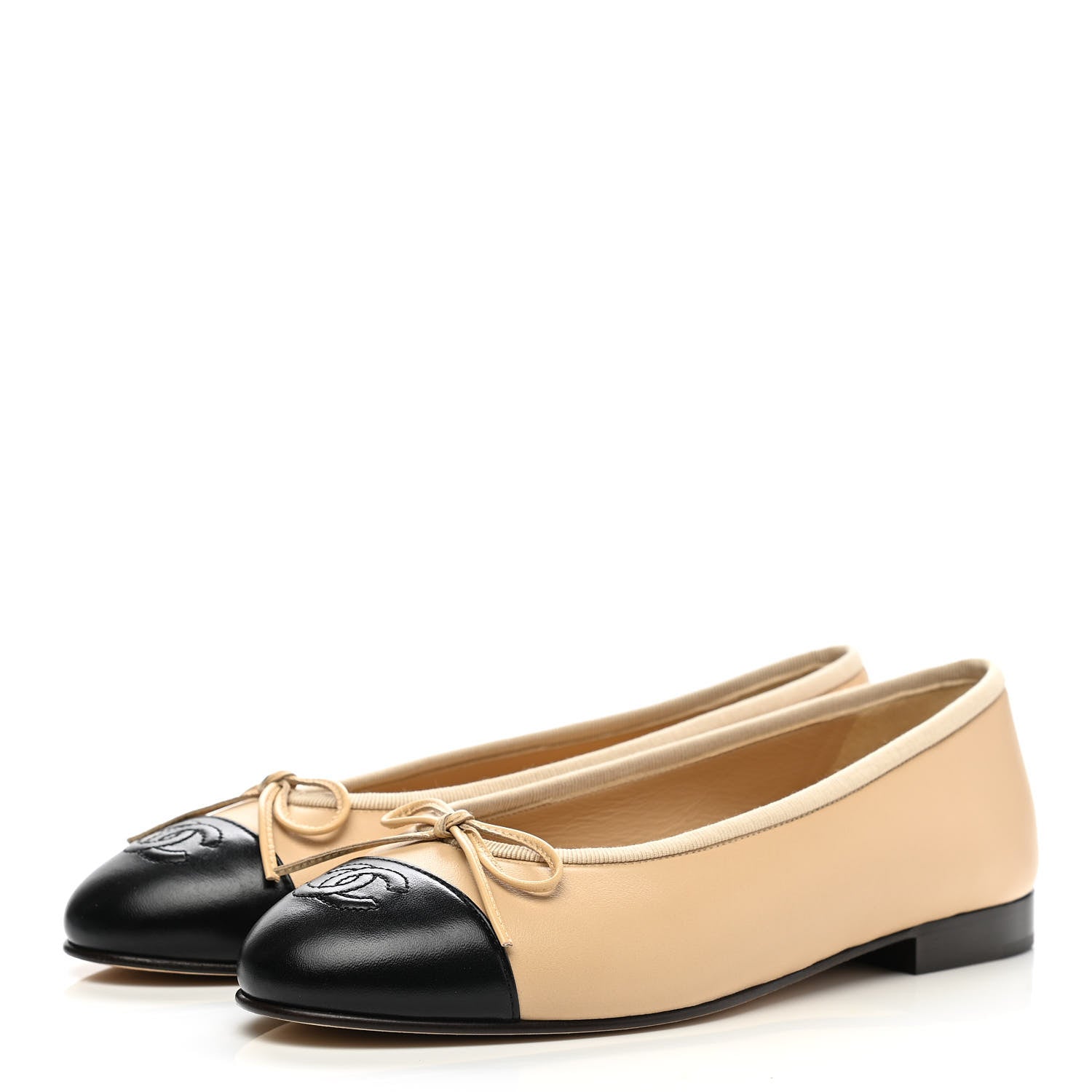 Chanel Lambskin Cap Toe CC Ballerina Flats 37 Beige Black 3 of 9