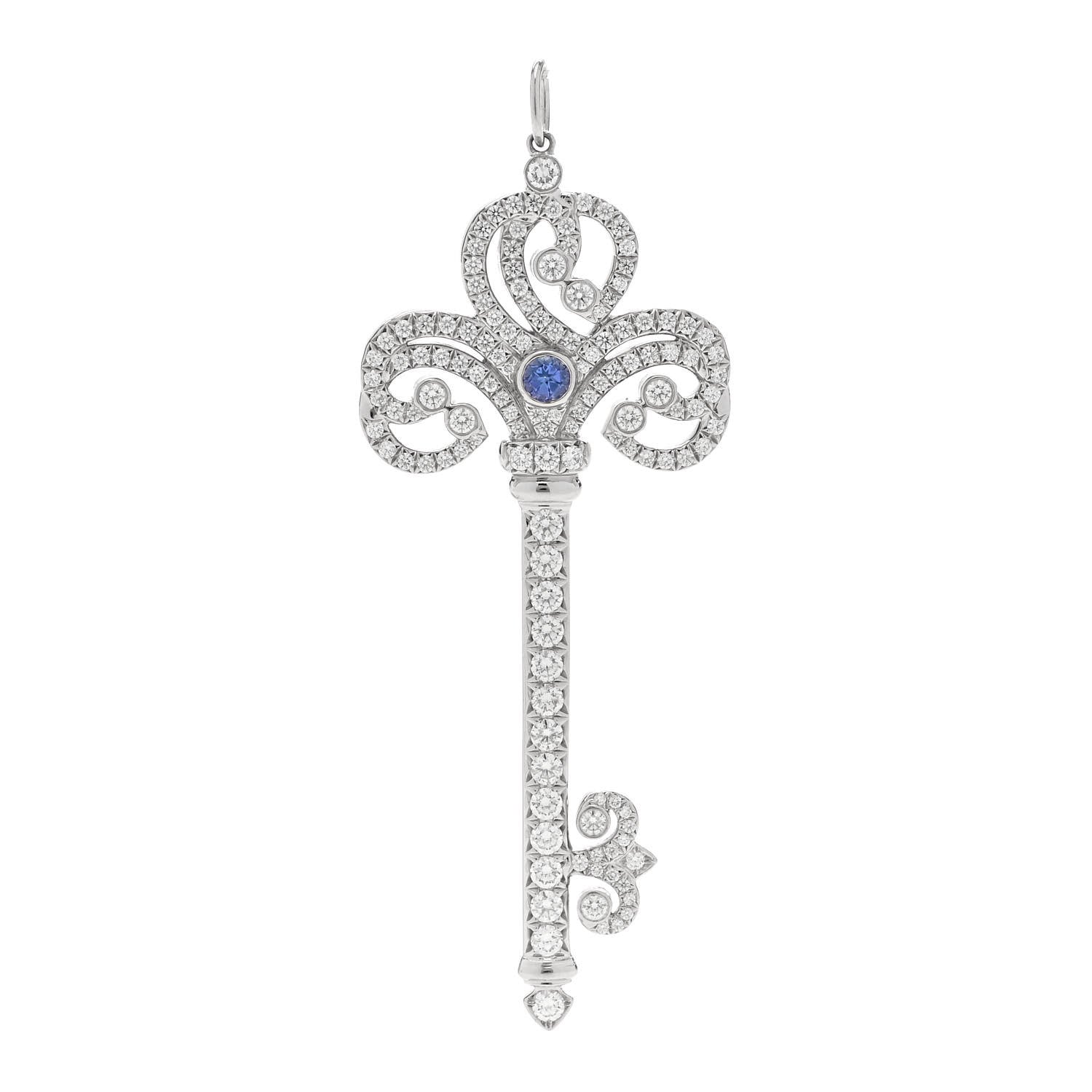 Tiffany Platinum Diamond Tanzanite Enchant Heart Key Pendant 1 of 4