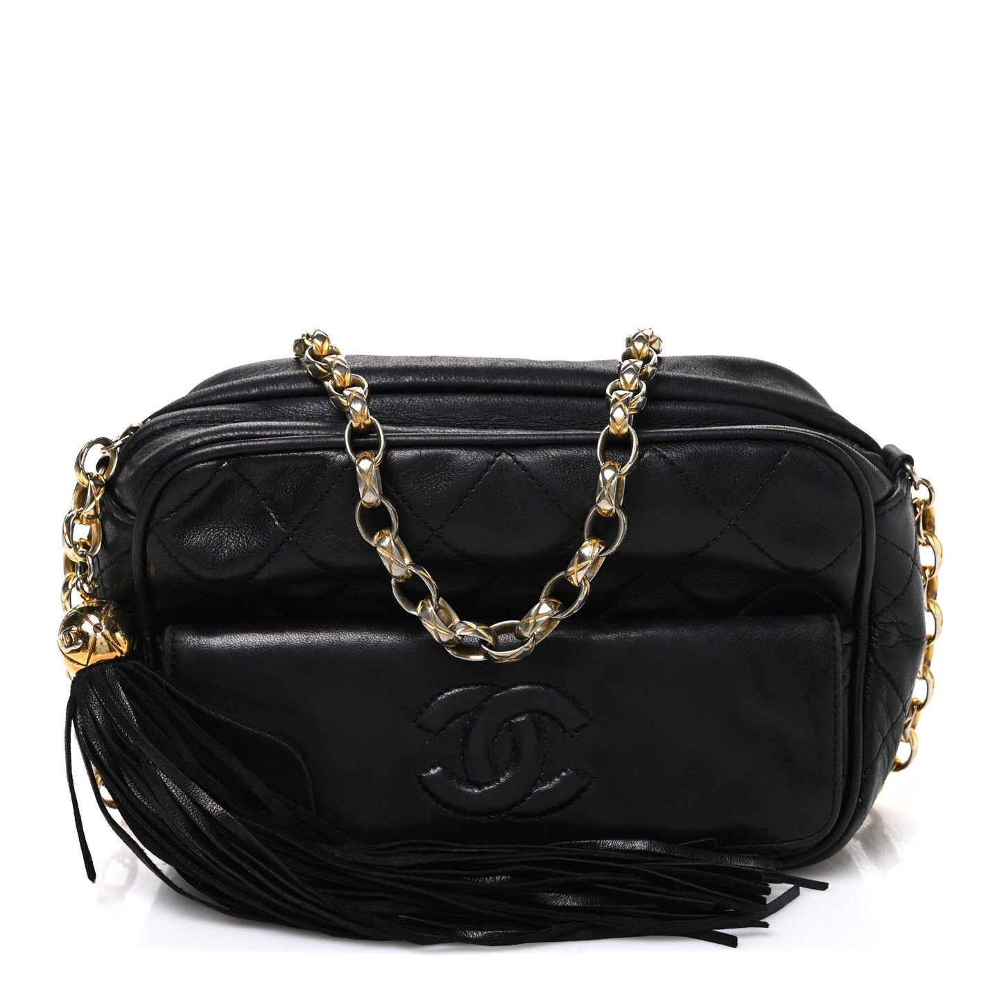Lambskin Quilted Tassel Camera Case Black