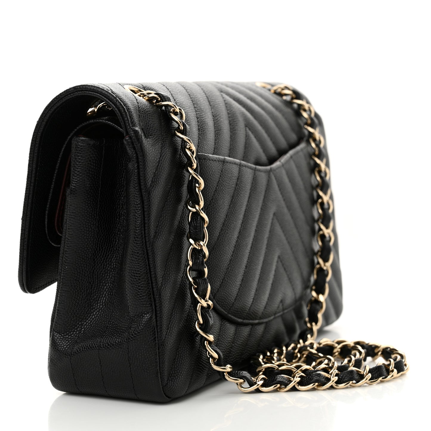 Caviar Chevron Quilted Medium Double Flap Black