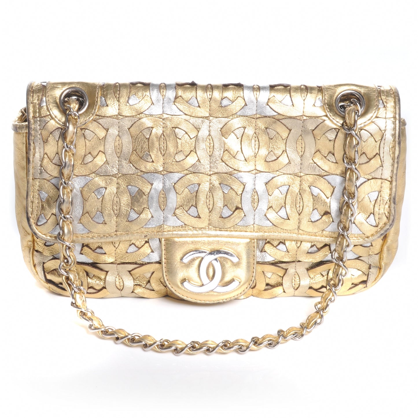 Calfskin Crackled CC Mix Medium Flap Gold Silver