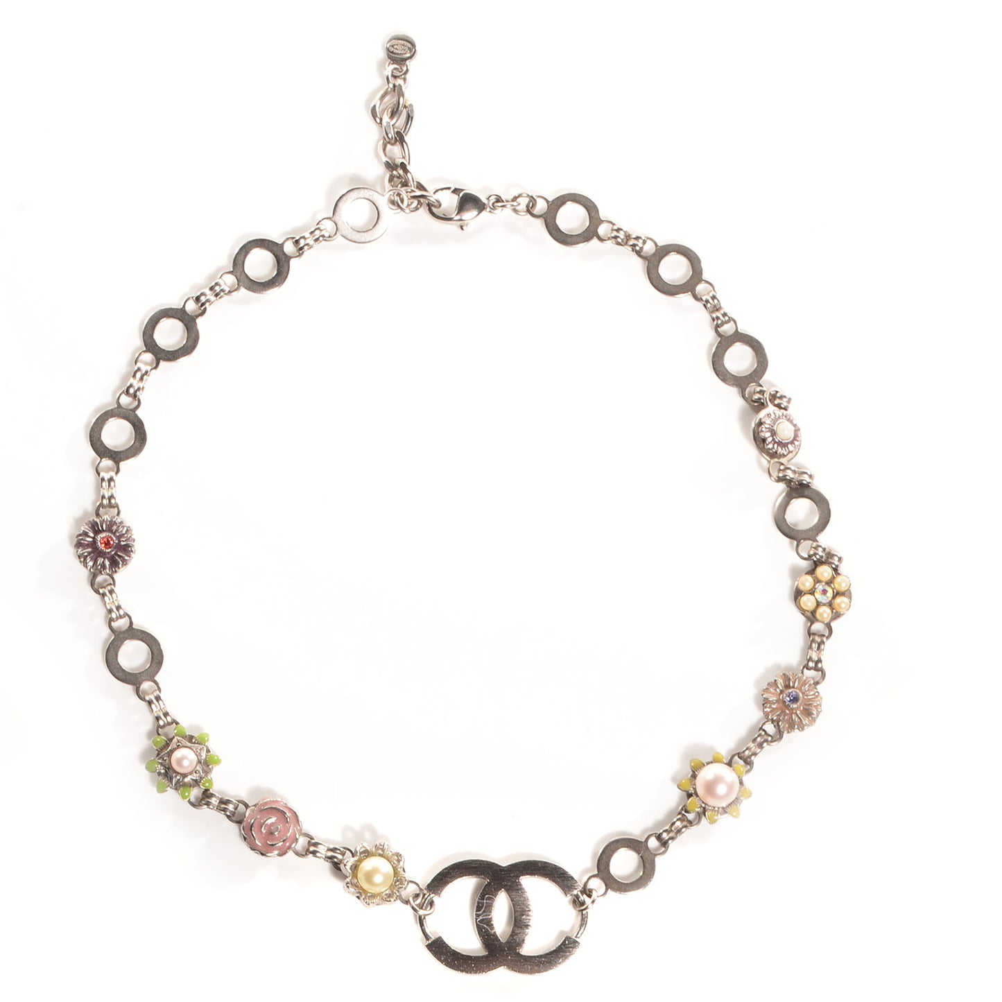 Crystal Pearl CC Flower Necklace Silver