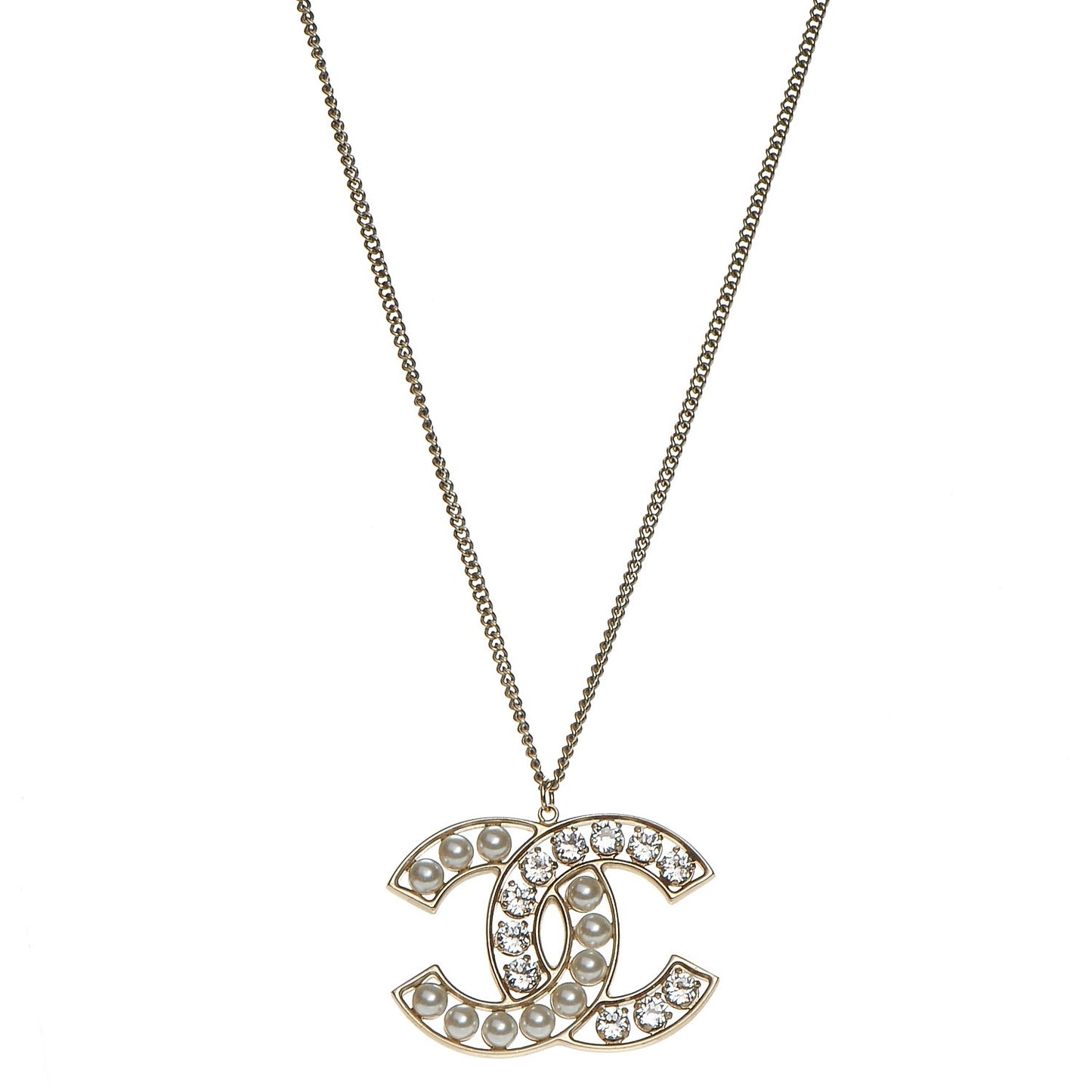 Crystal Pearl CC Pendant Necklace Gold