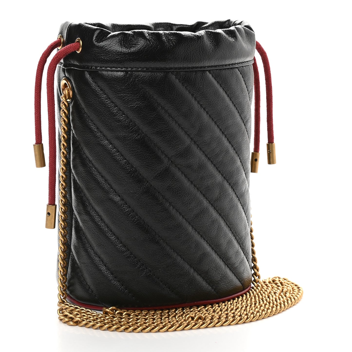Vintage Effect Calfskin Matelasse Diagonal Mini Torchon GG Marmont 2.0 Bucket Bag Black Romantic Cherry