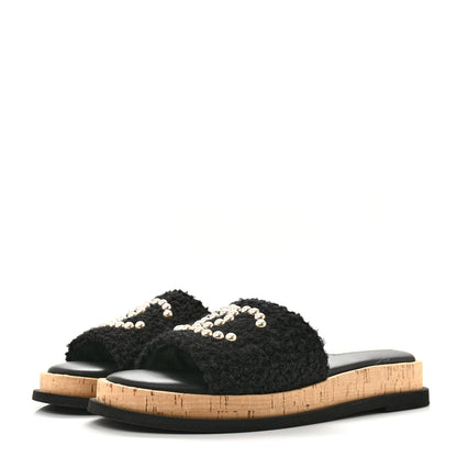 Chanel Fabric Pearl Cork CC Slip On Sandals 40 Black 4 of 10
