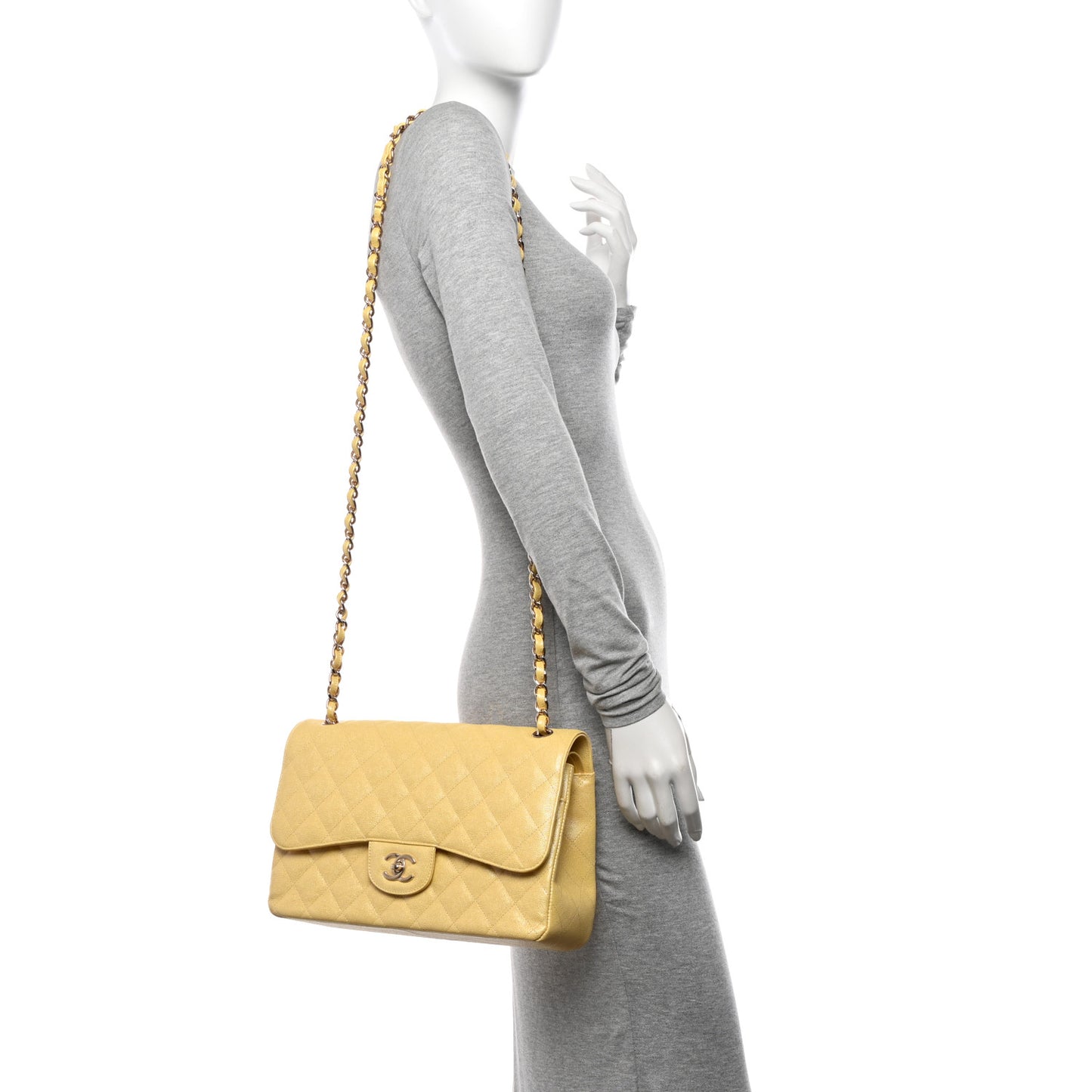 Iridescent Caviar Quilted Jumbo Double Flap Jaune Yellow